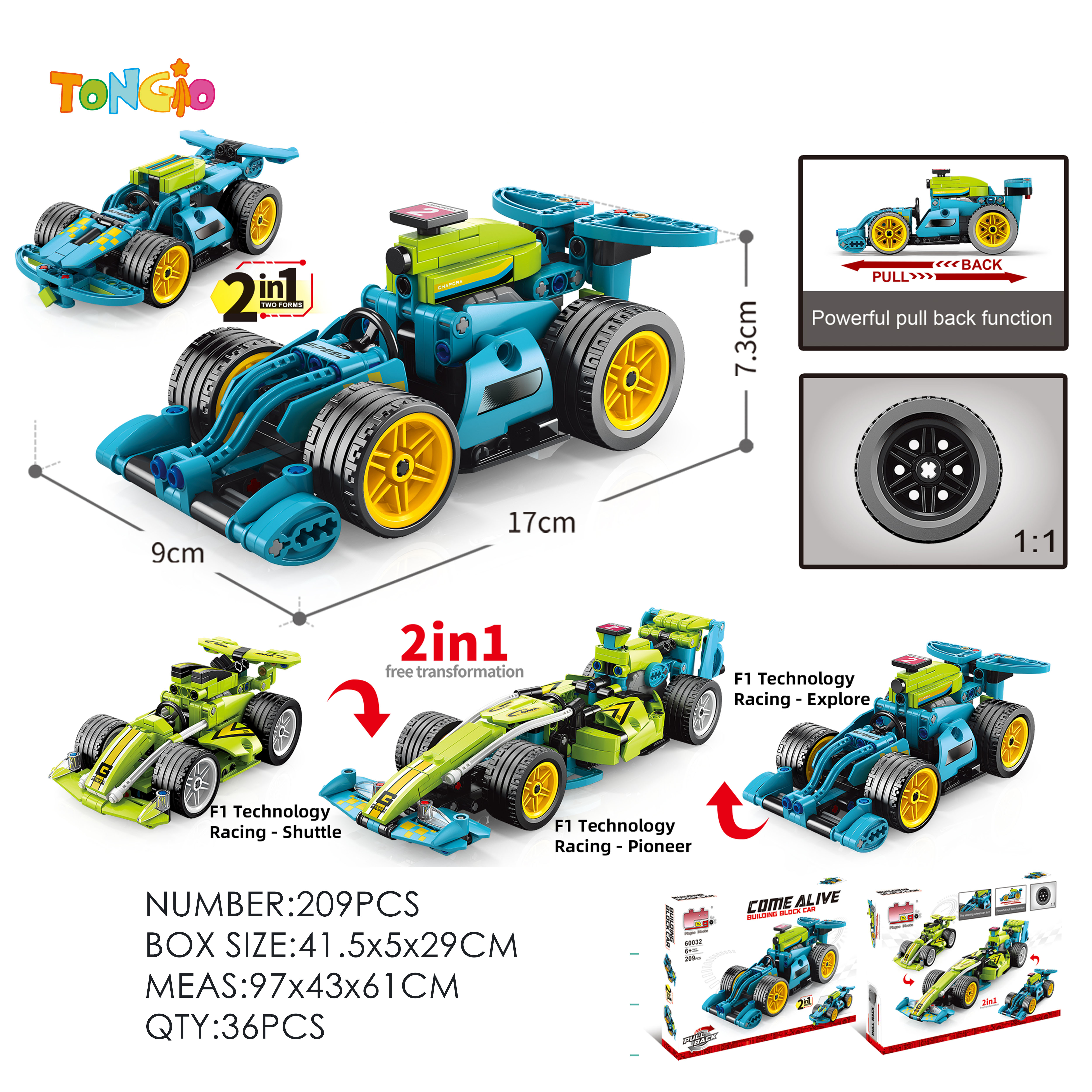 Building Block Spring-Powered Technology Car - F1 Racing Blue TT14948