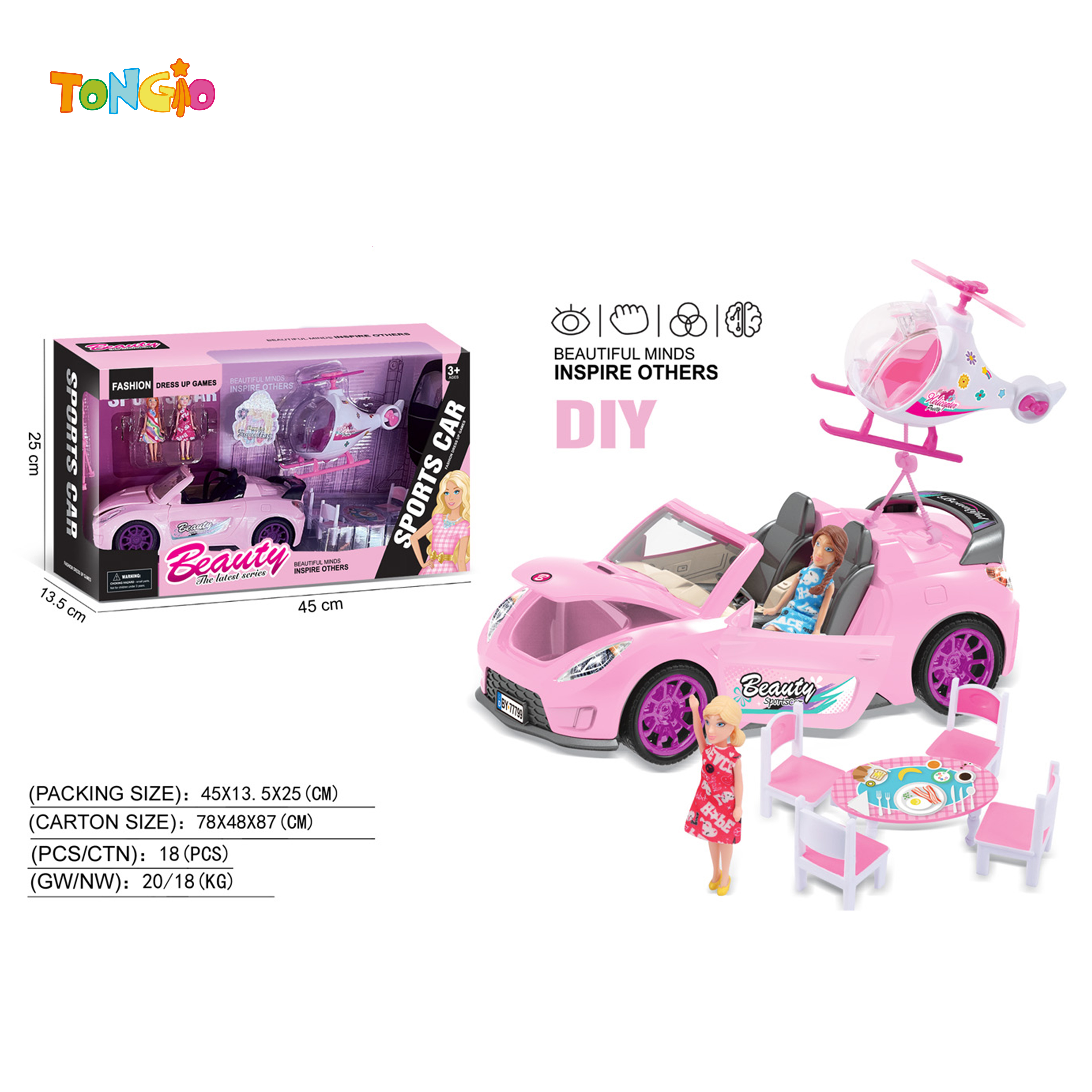 Beautiful Girl Sports Car with Lights & Sound + Helicopter Playset (Includes 3XAG13 Batteries) TT21634