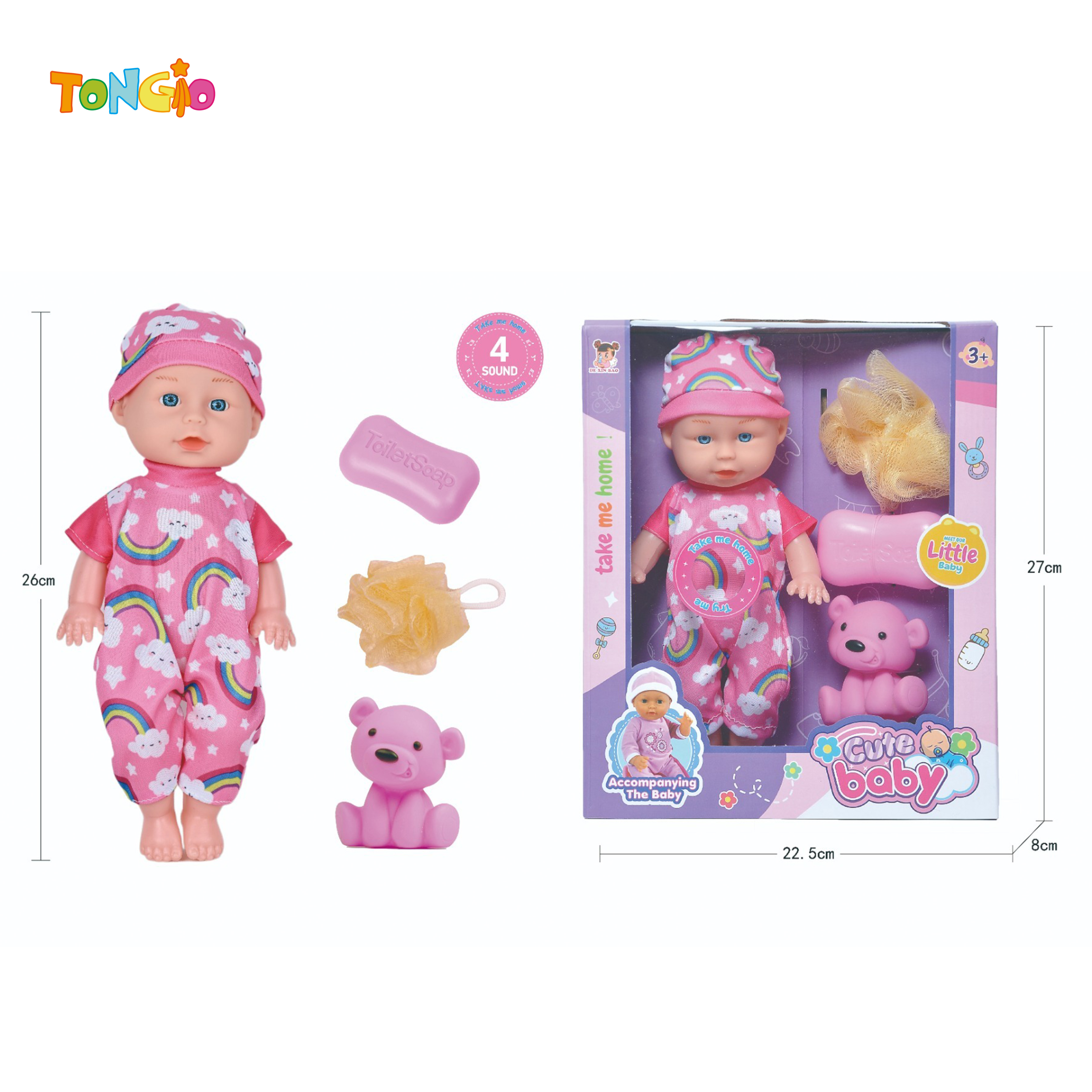 11 inch doll with four tone ic sound (accessories: vinyl teddy bear, soap, bath ball) TT21705