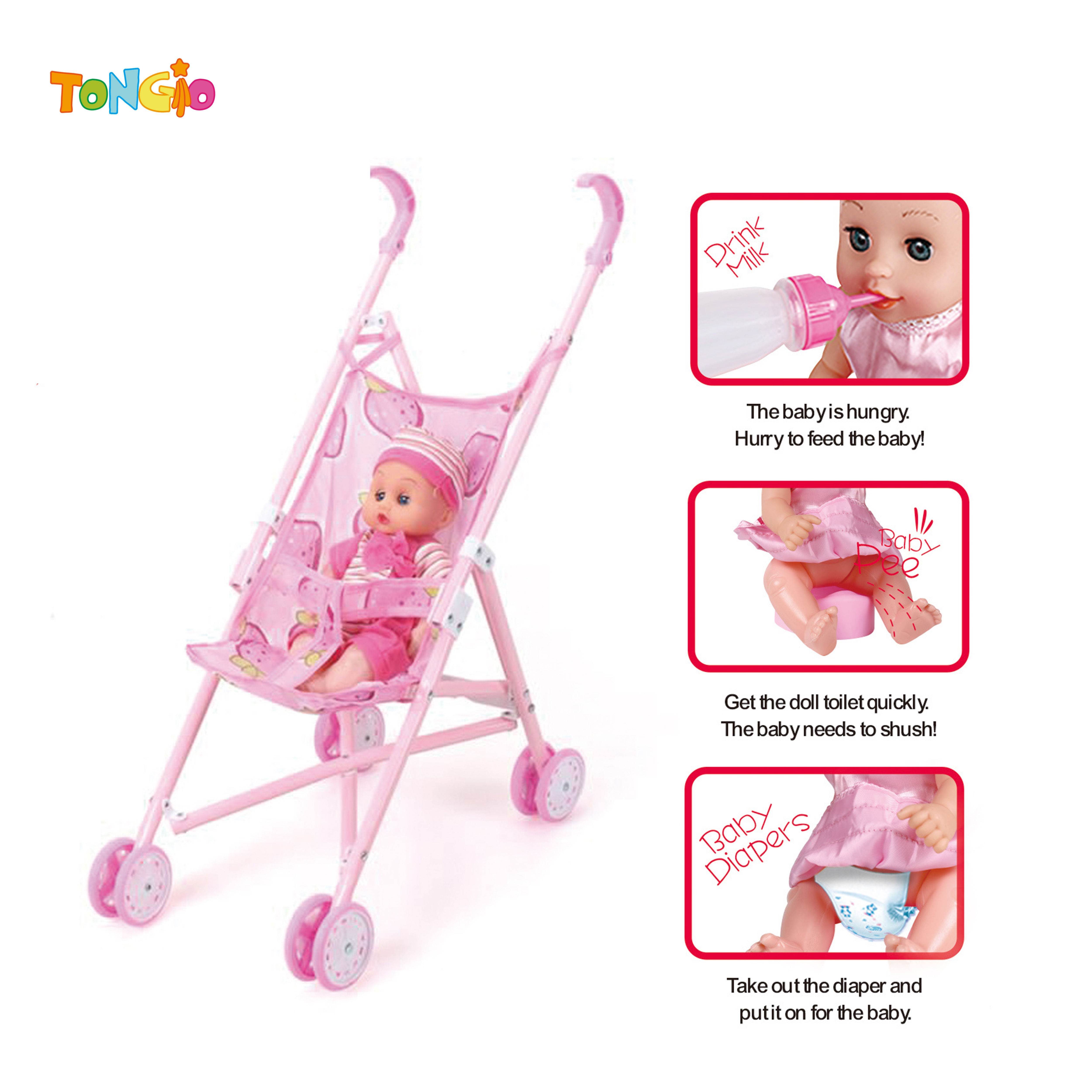 Simulation baby play house trolley toy 12” doll (doll water urine, with bottle, toilet and diapers) TT21746