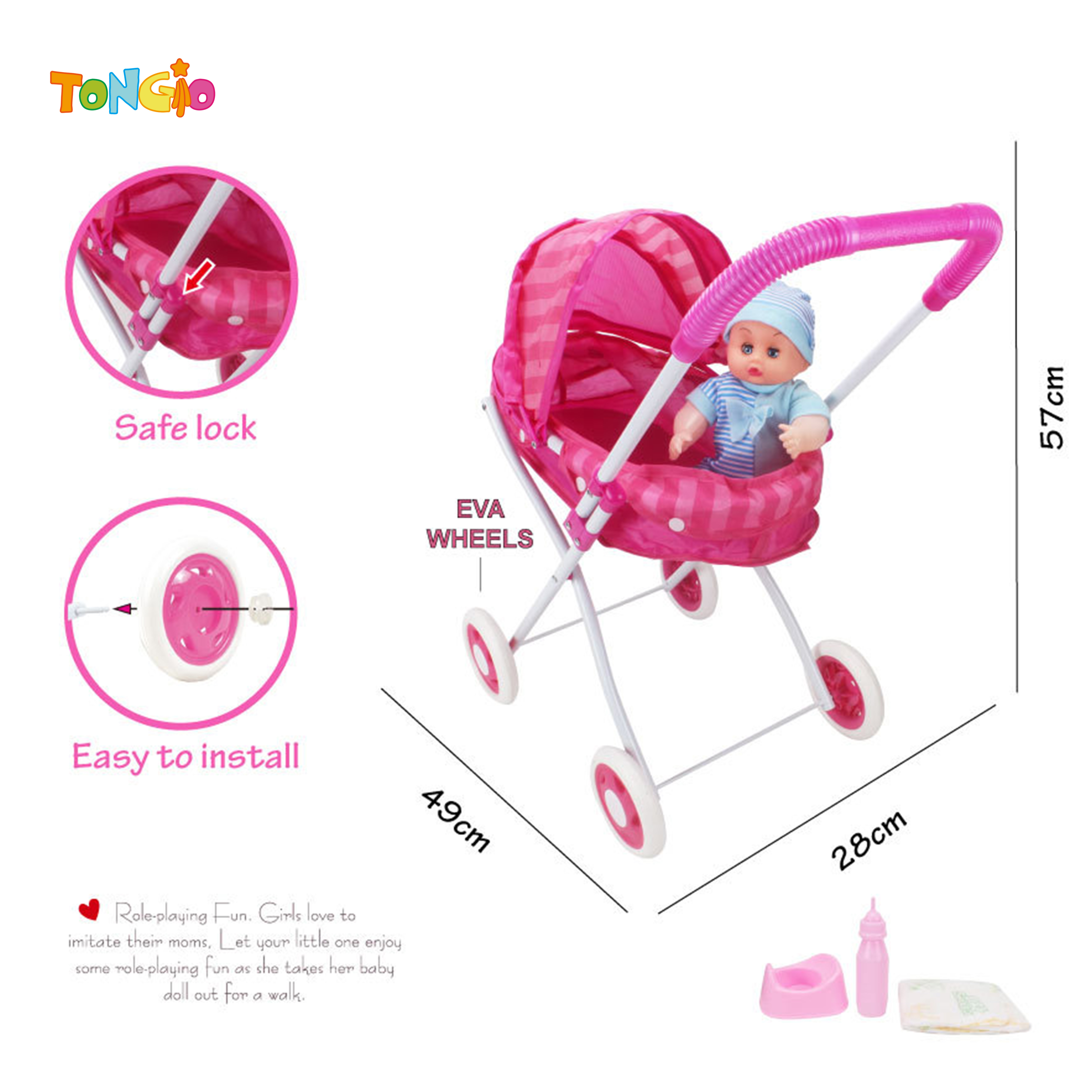 12” doll children’s play toy simulation baby sunshade trolley (doll water urine, with bottle, toilet and diapers) TT21747