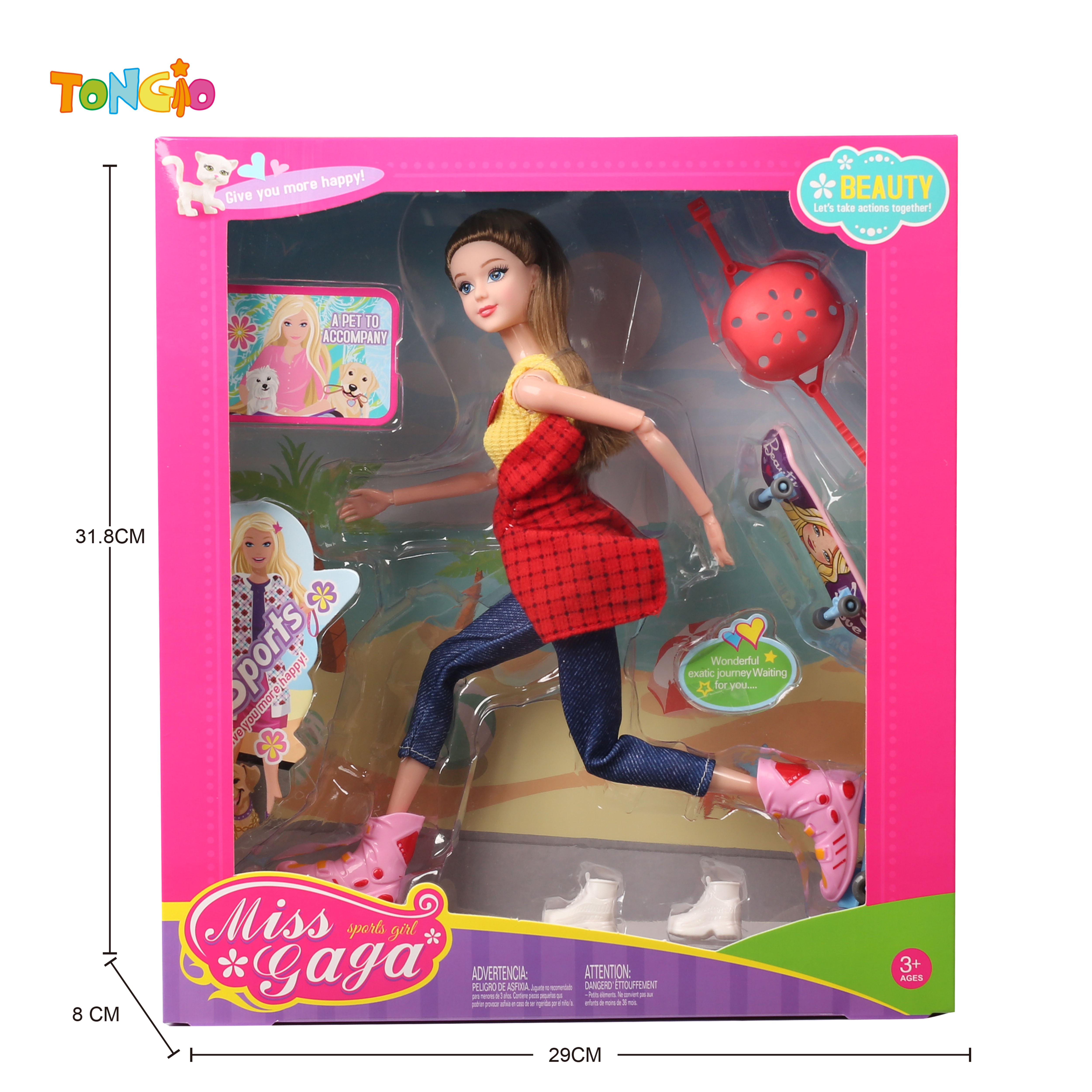 11.5 inch articulated doll barbie with roller skates, skateboard TT21859