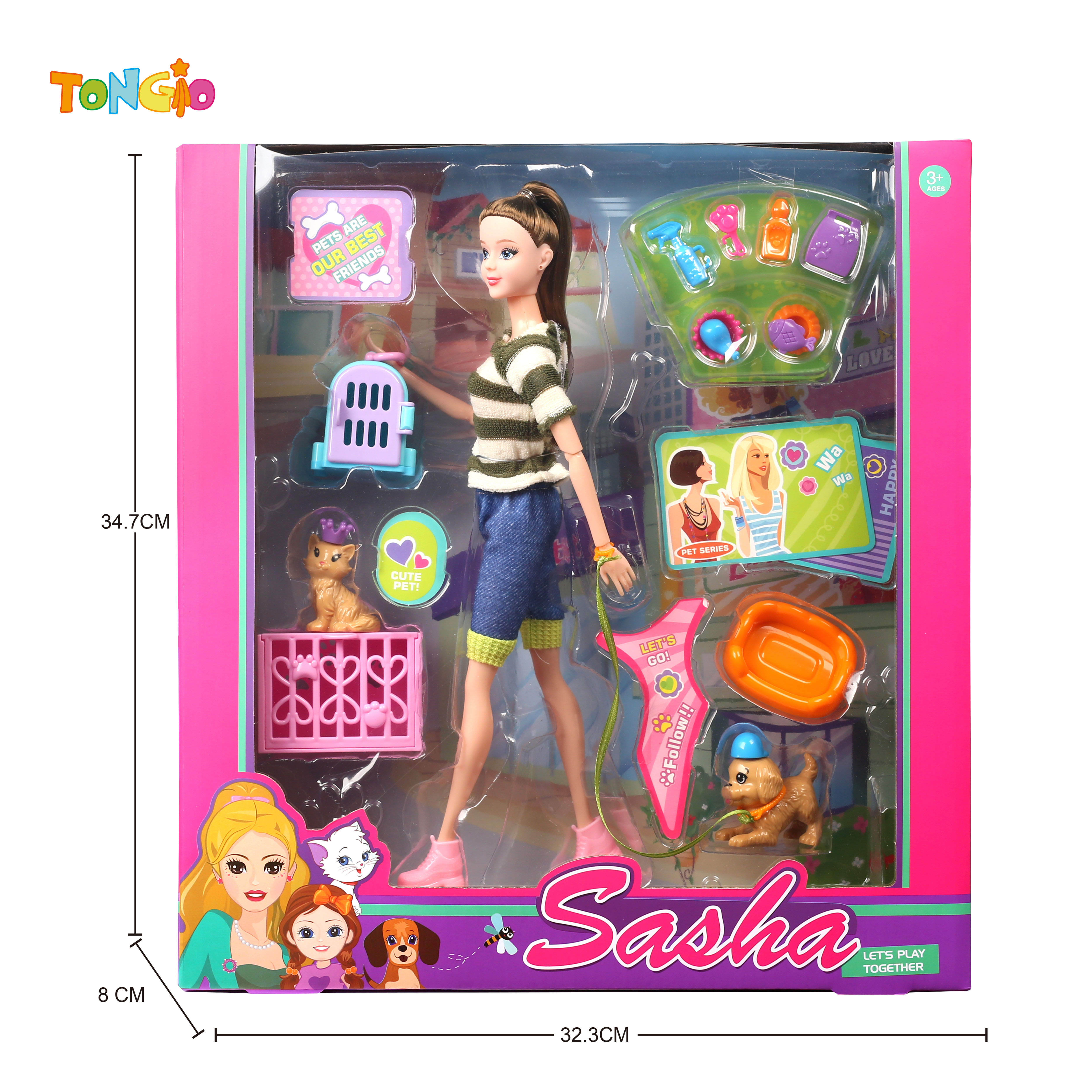 11.5 inch articulated doll barbie with 2 dog cages and cat dog sofa accessories TT21861