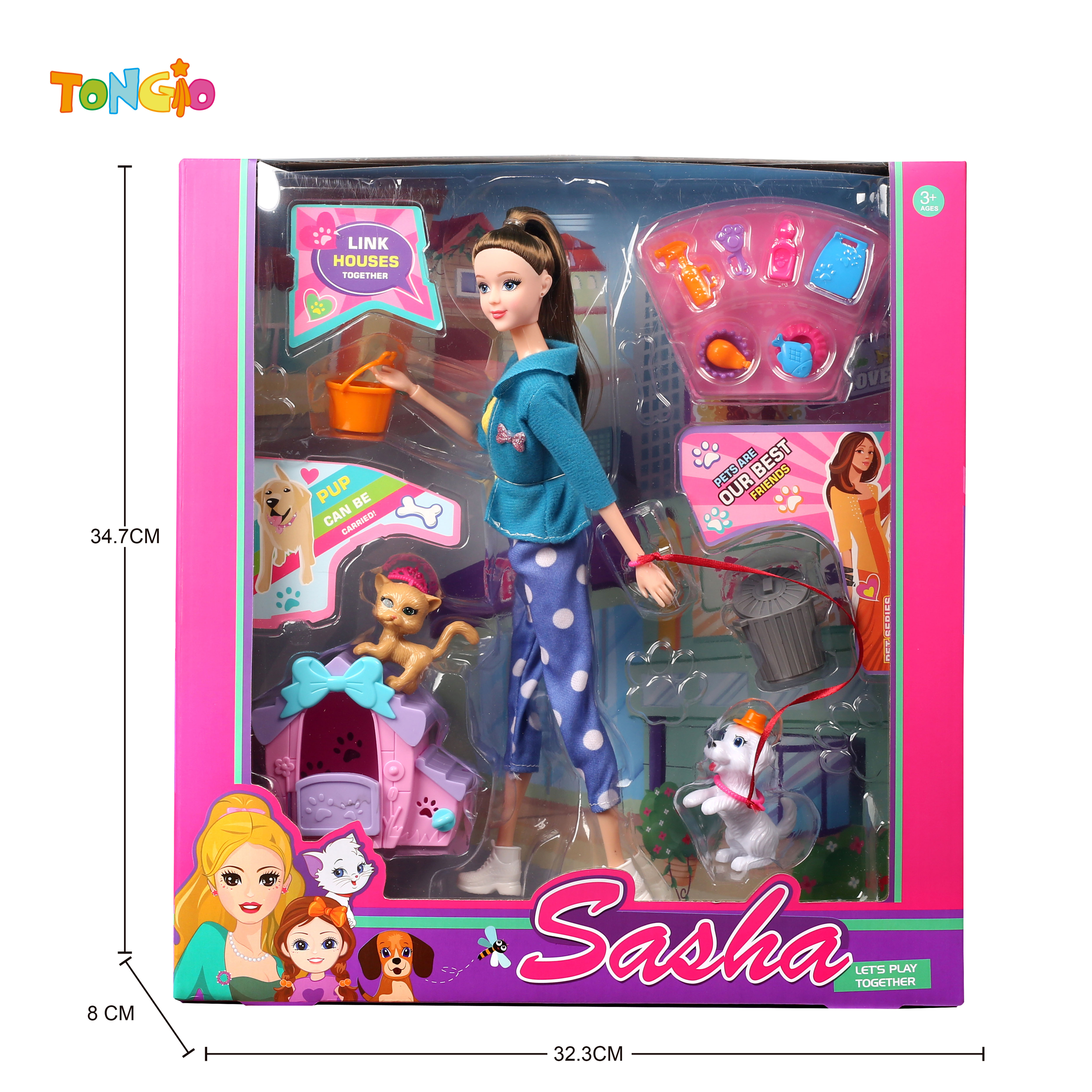 11.5 inch articulated doll barbie with dog house cat dog trash bin accessories TT21862