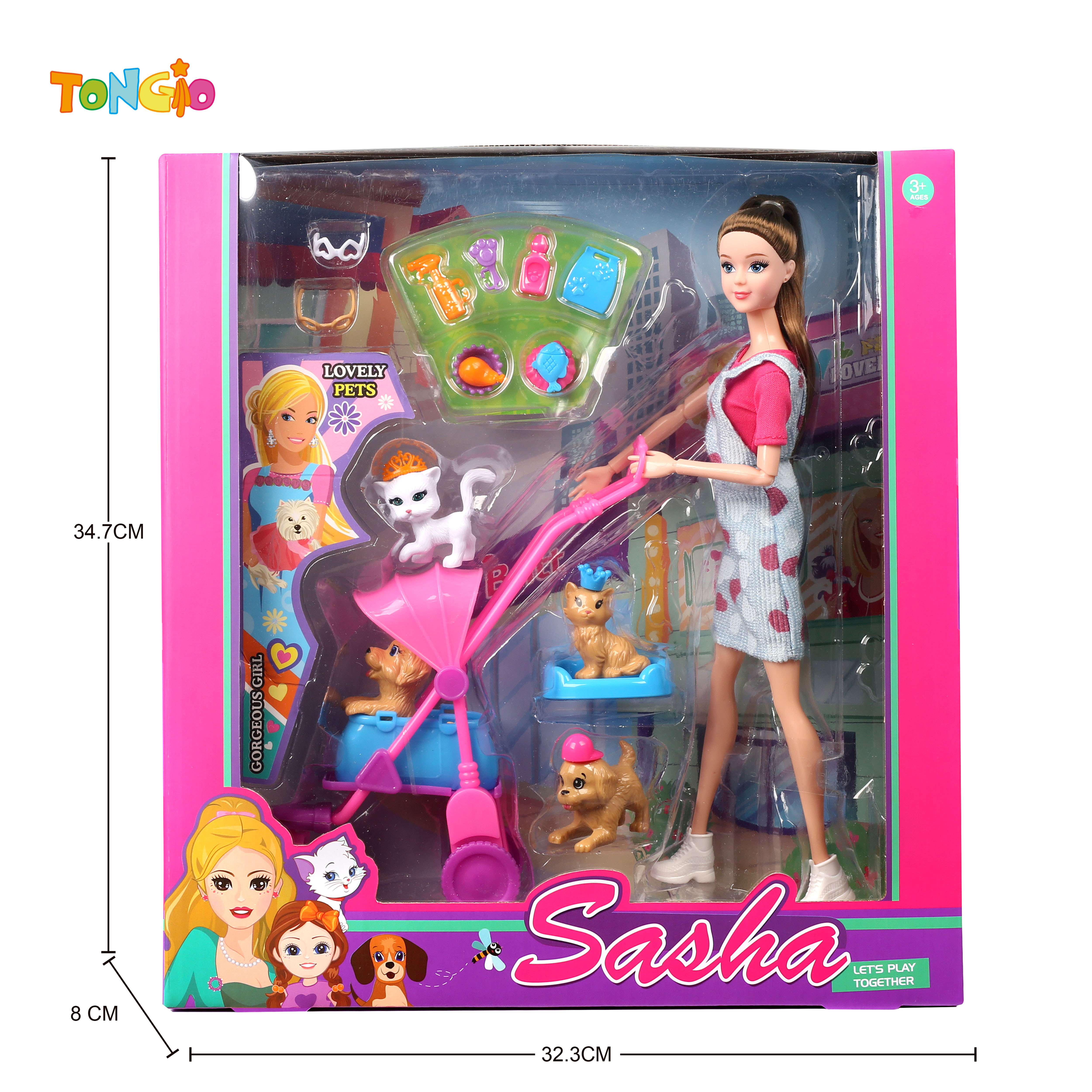 11.5 inch articulated doll barbie with stroller cat dog accessories TT21863