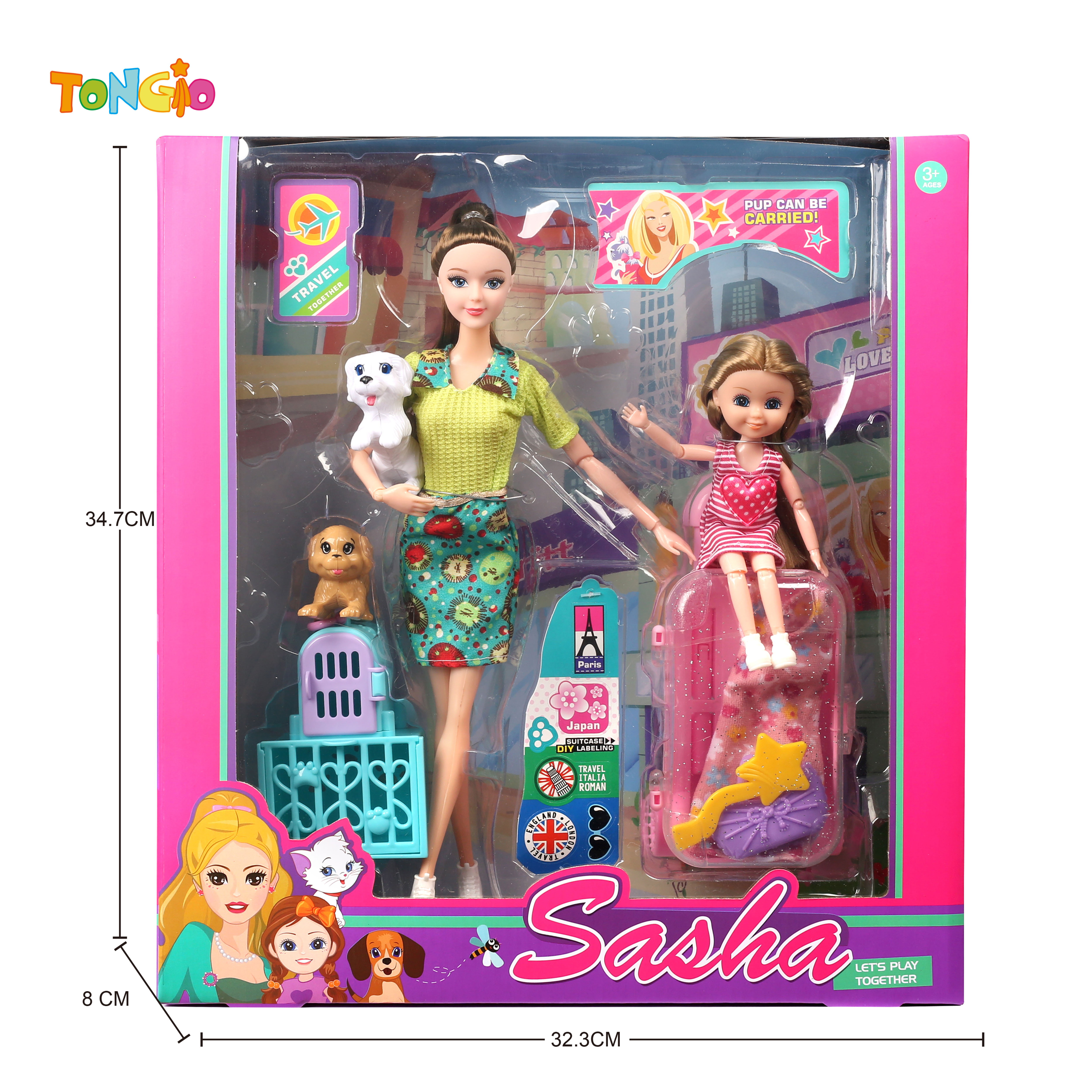11.5 inch articulated doll barbie and 6 inch articulated barbie with suitcase and 2 dog cages cat dog TT21864