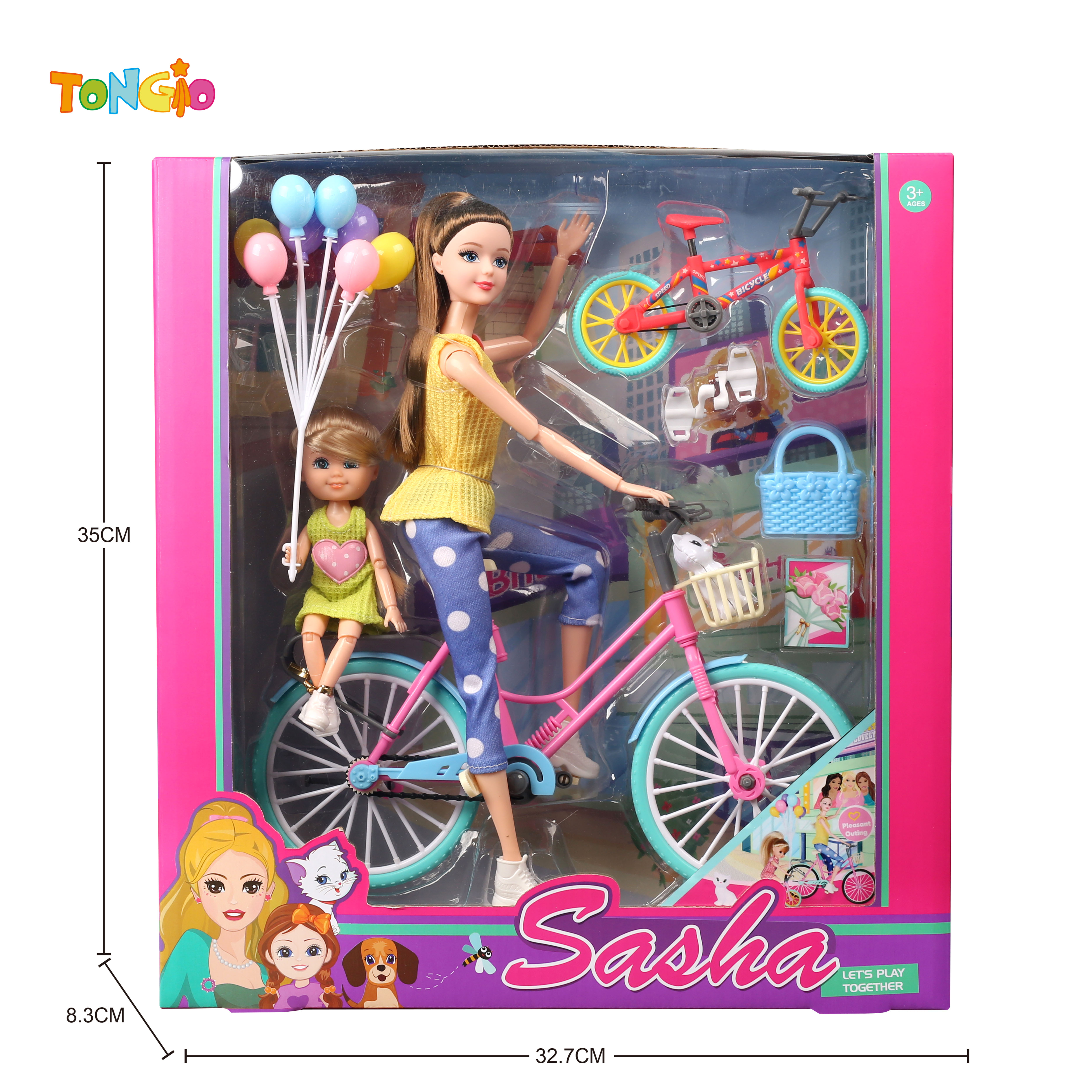11.5 inch articulated doll barbie with large bicycle small bicycle 6 inch articulated doll balloon kitten bag TT21865