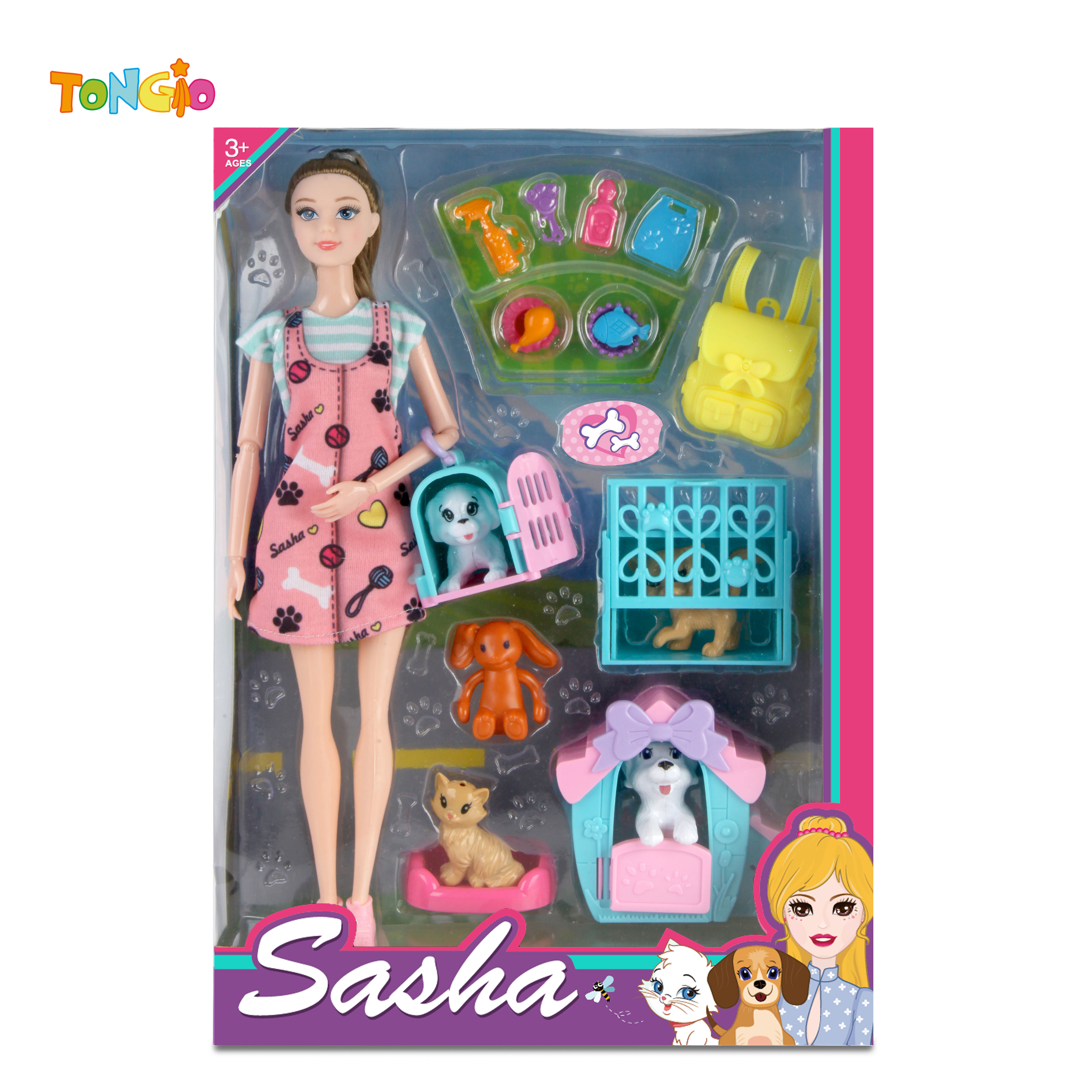 11.5 inch doll with 3 dog houses, cat dog, pet accessories backpack plush doll TT21876