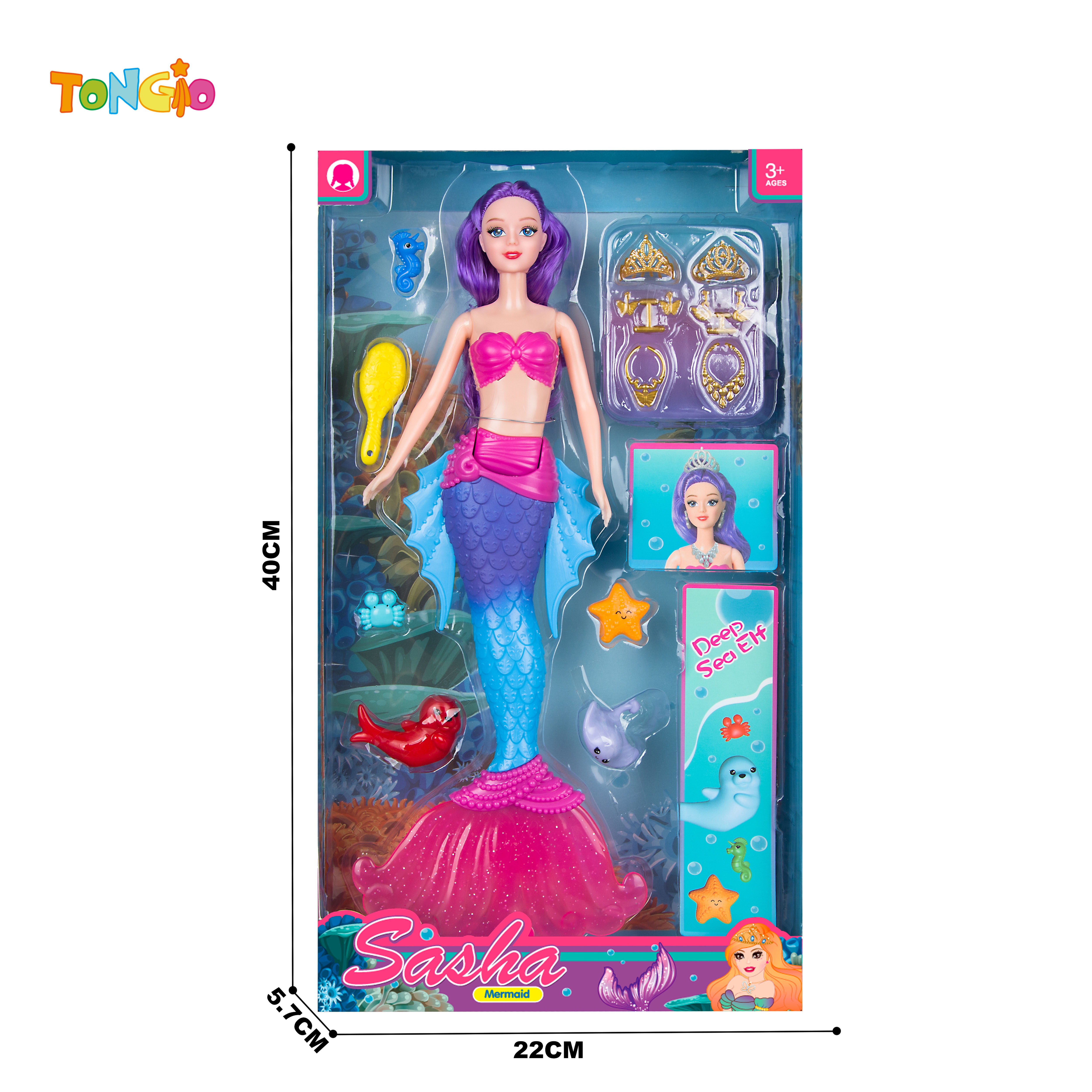 Mermaid doll with starfish seahorse dolphin sea monster comb crab mirror necklace earrings crown accessories TT21899