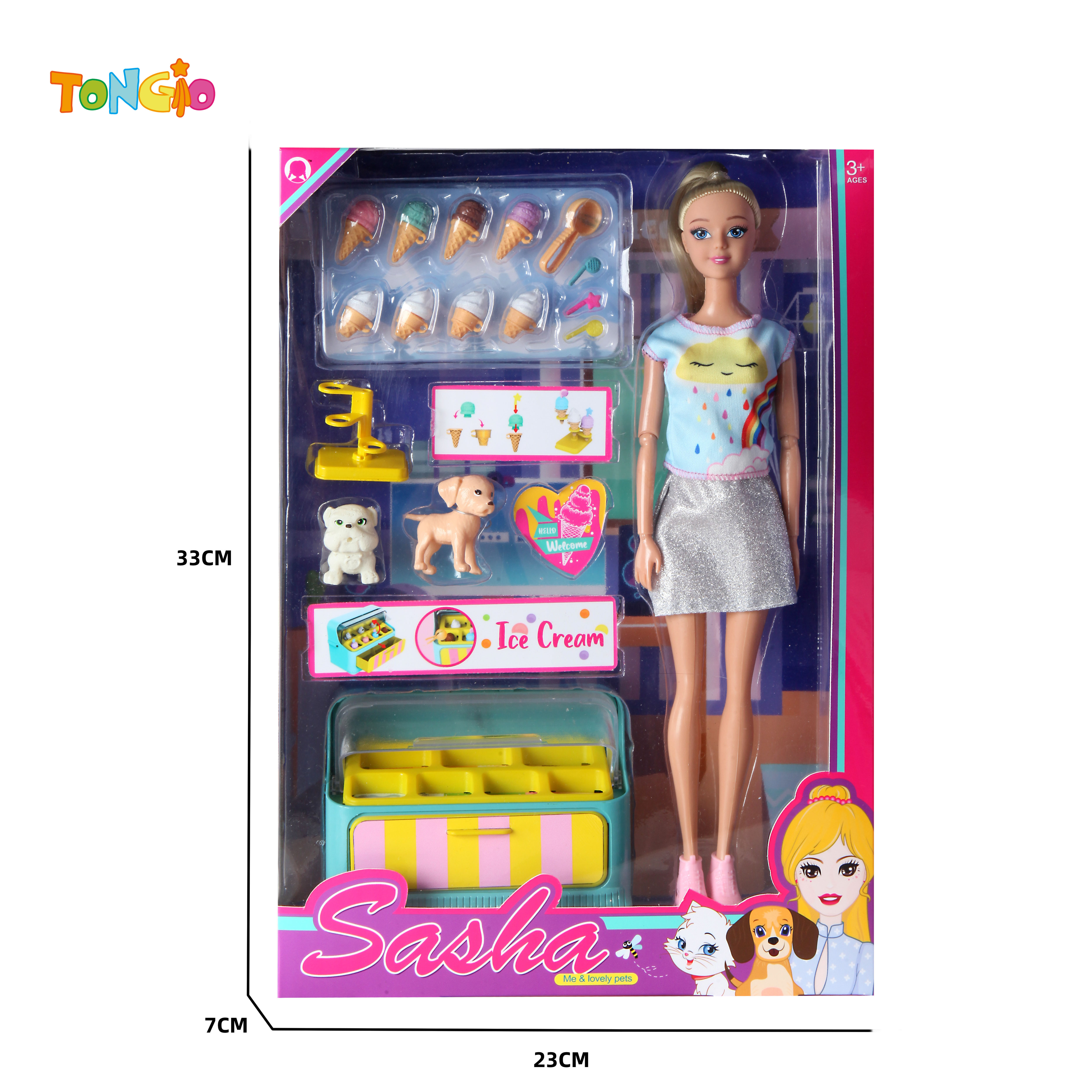 11.5 inch doll with ice cream cabinet shelf two dogs many ice creams TT21902
