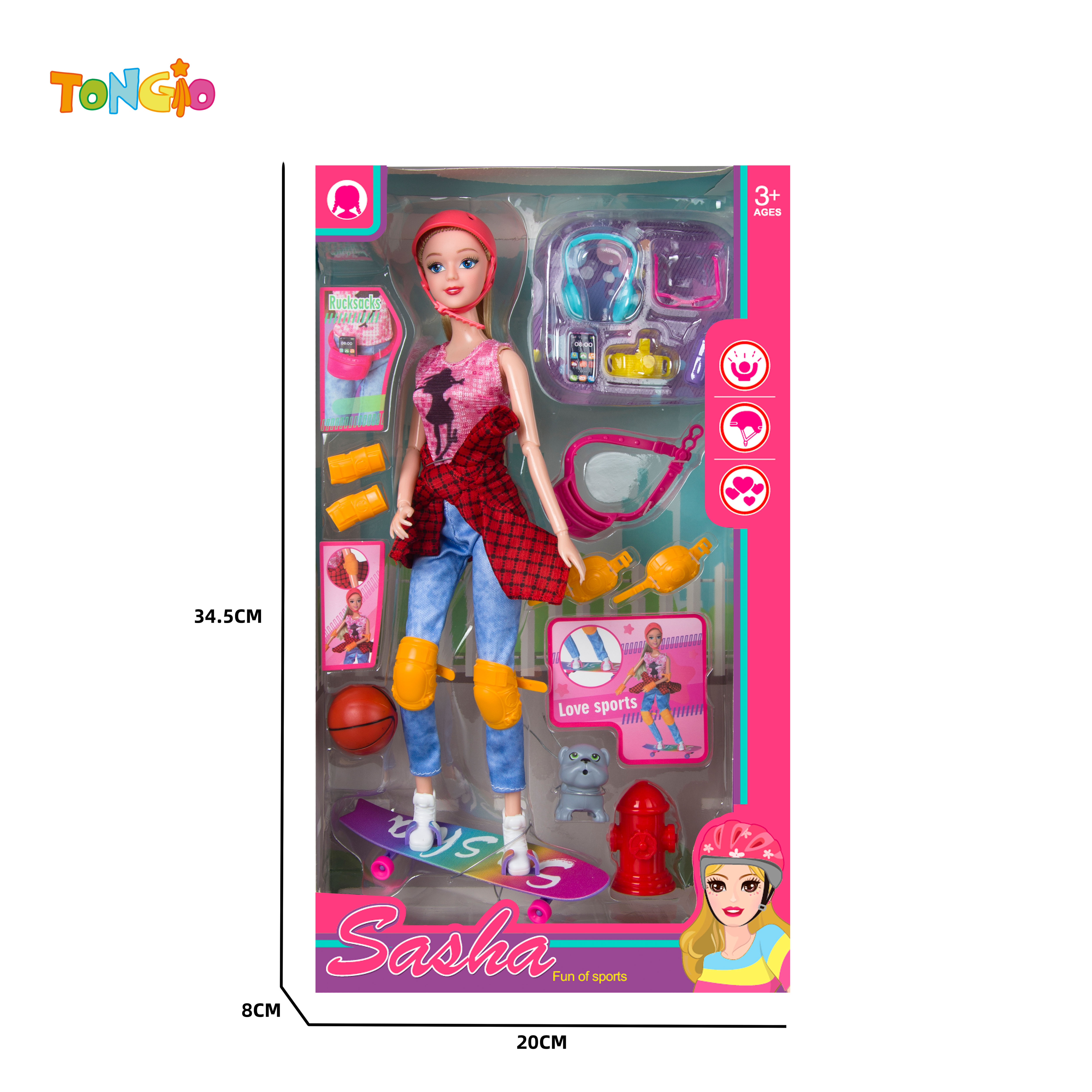 11.5 inch articulated doll with travel accessories bag hat dog fire hydrant basketball large skateboard knee pads elbow pads hat TT21904