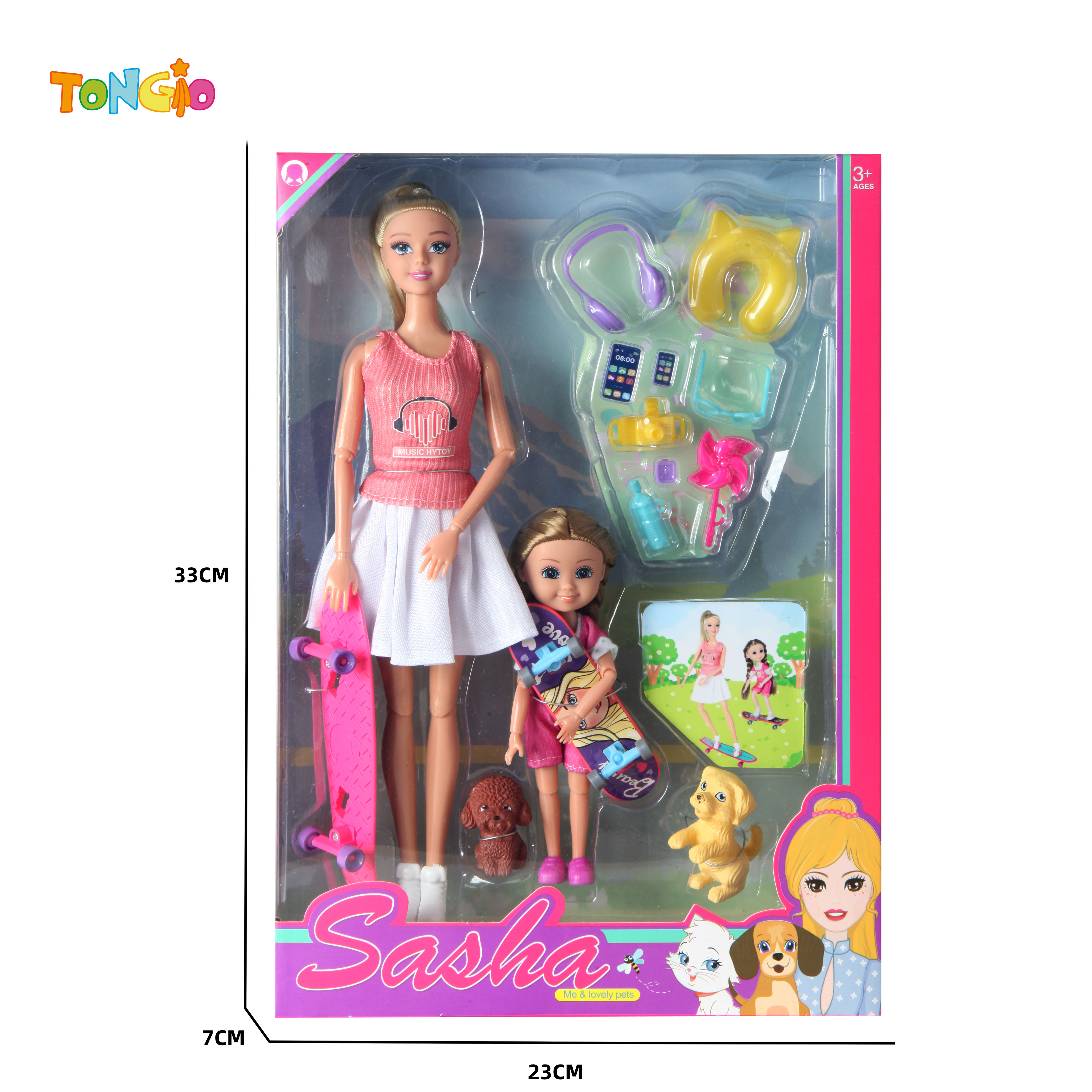 11.5 inch articulated doll and 6 inch articulated doll with travel accessories 2 skateboards 2 dogs TT21906