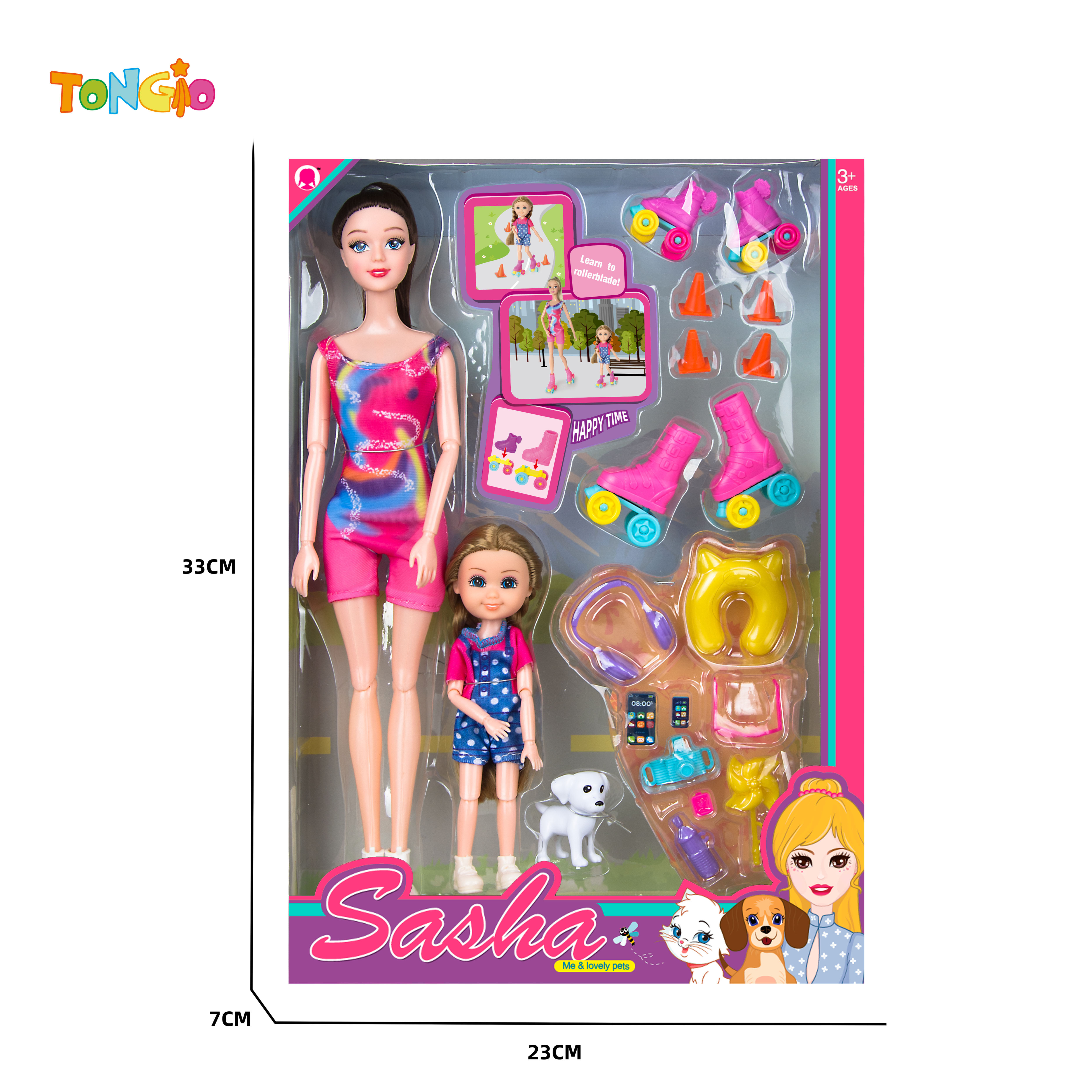 11.5 inch articulated doll and 6 inch articulated doll with travel accessories 2 pairs roller skates dog 4 roadblocks TT21907