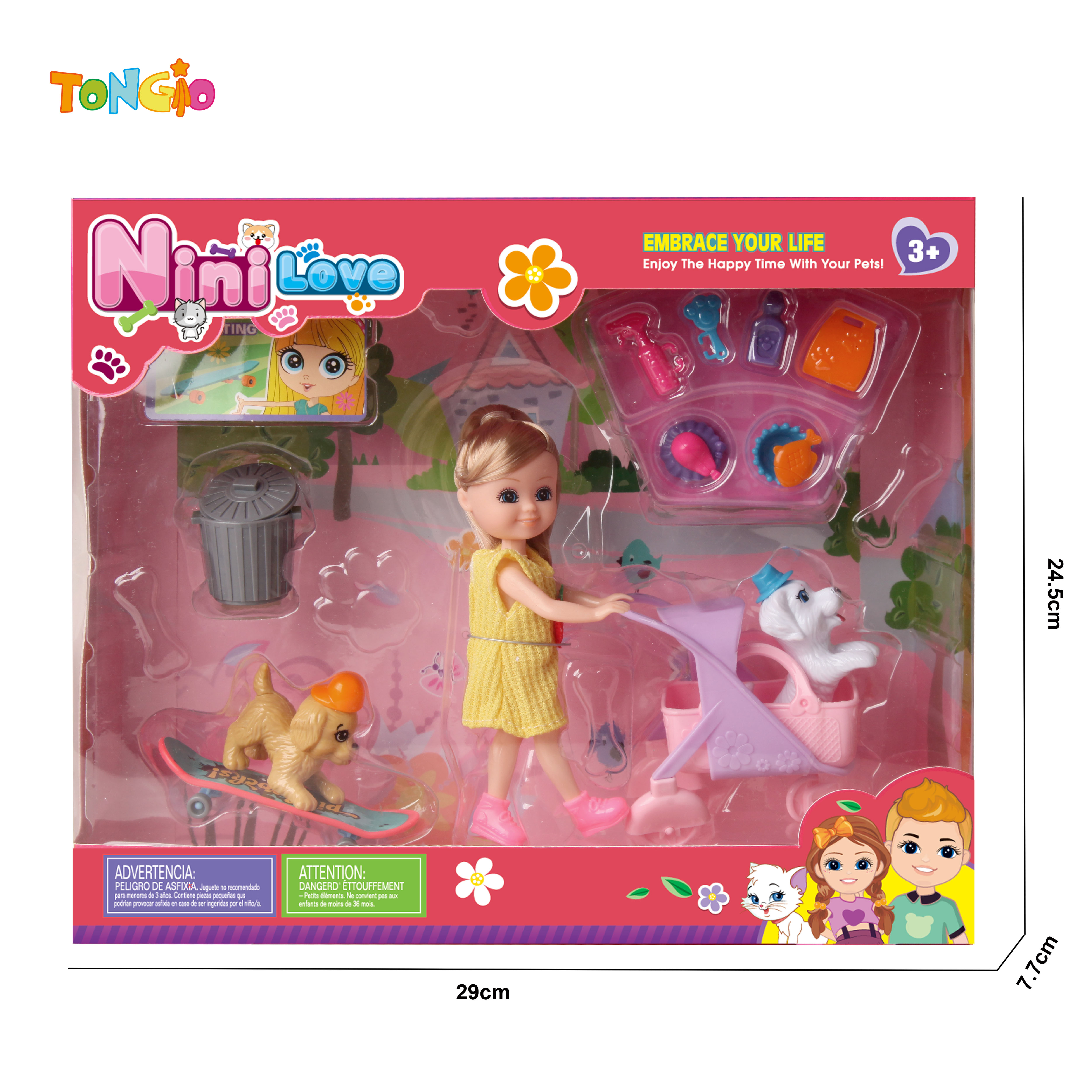 6 inch non-articulated doll barbie with stroller skateboard two dogs accessories TT21913