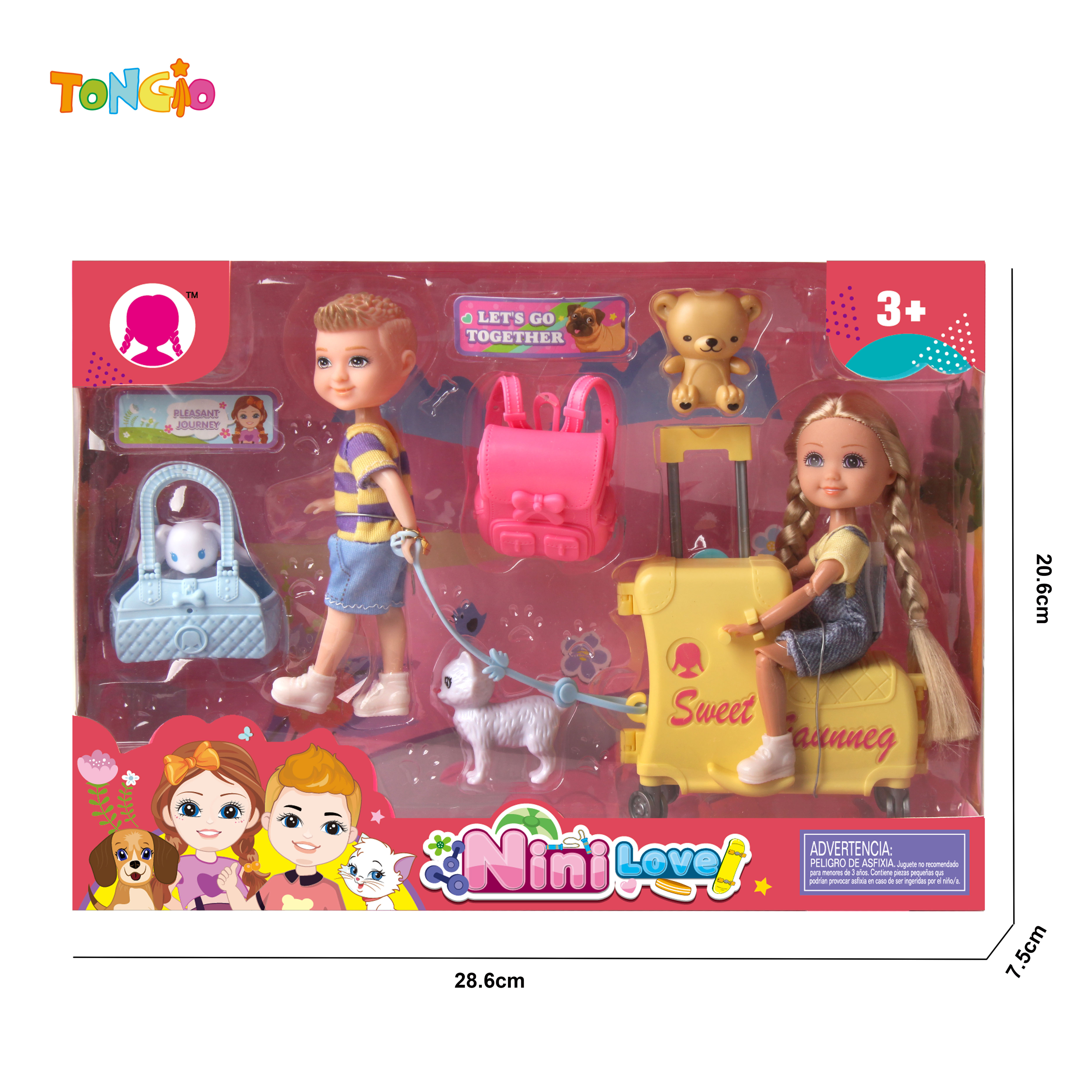 6 inch articulated girl doll and boy doll with suitcase schoolbag shoulder bag 2 plush dolls kitten TT21931