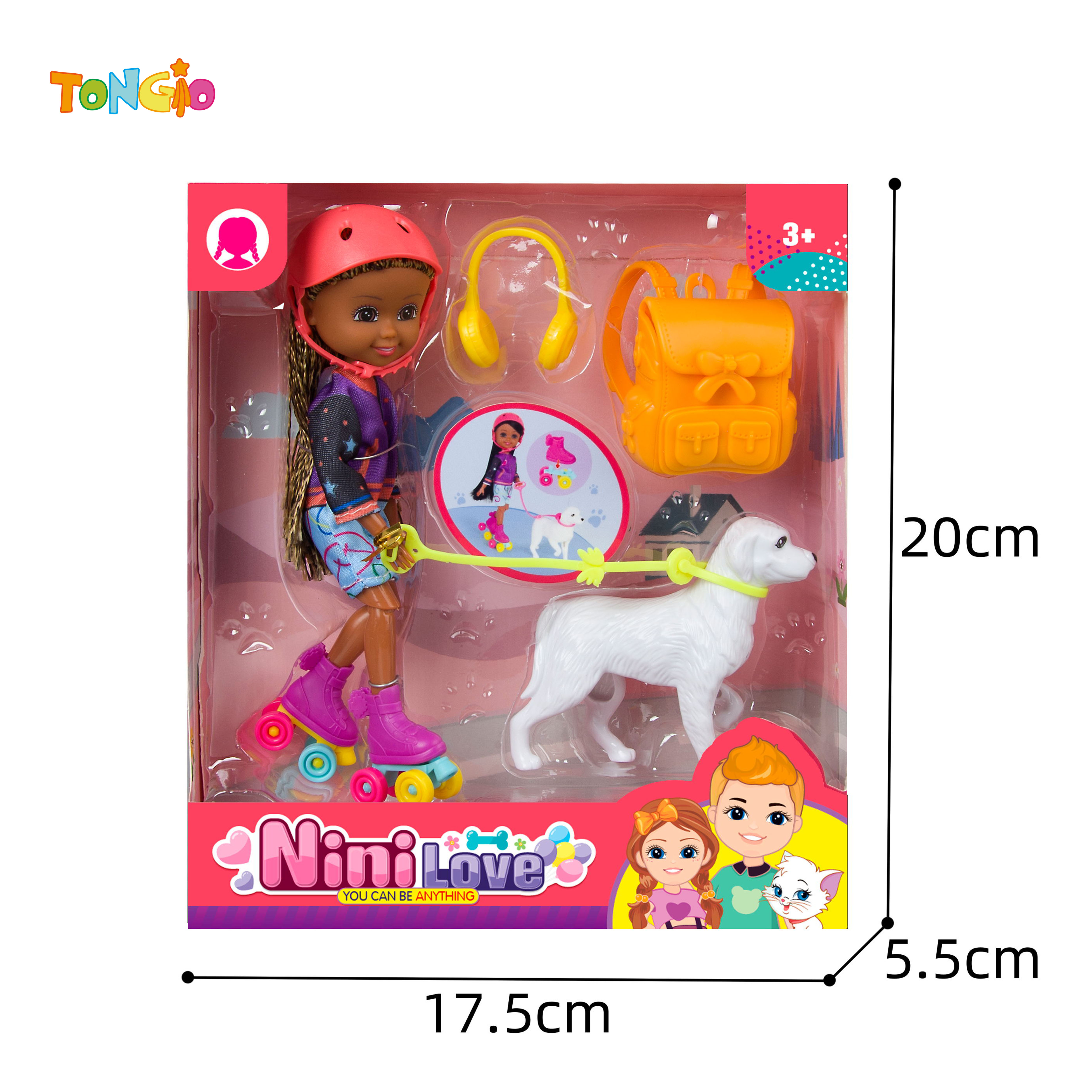 6 inch articulated doll with earphones schoolbag roller skates puppy dog leash TT21964
