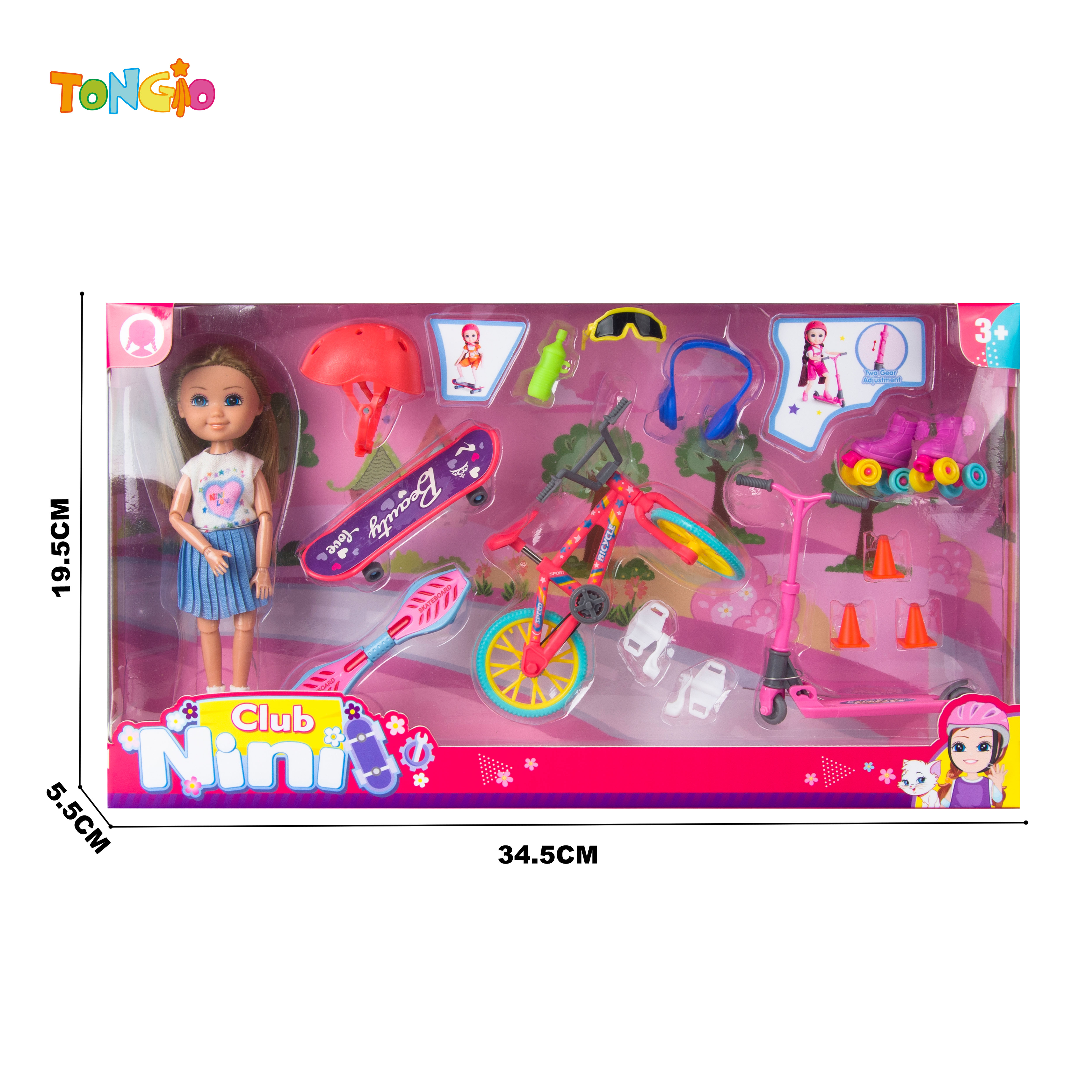 6 inch articulated doll sports set (helmet skateboard wiggle car small bicycle small scooter roadblocks small roller skates earphones water bottle glasses) TT21971
