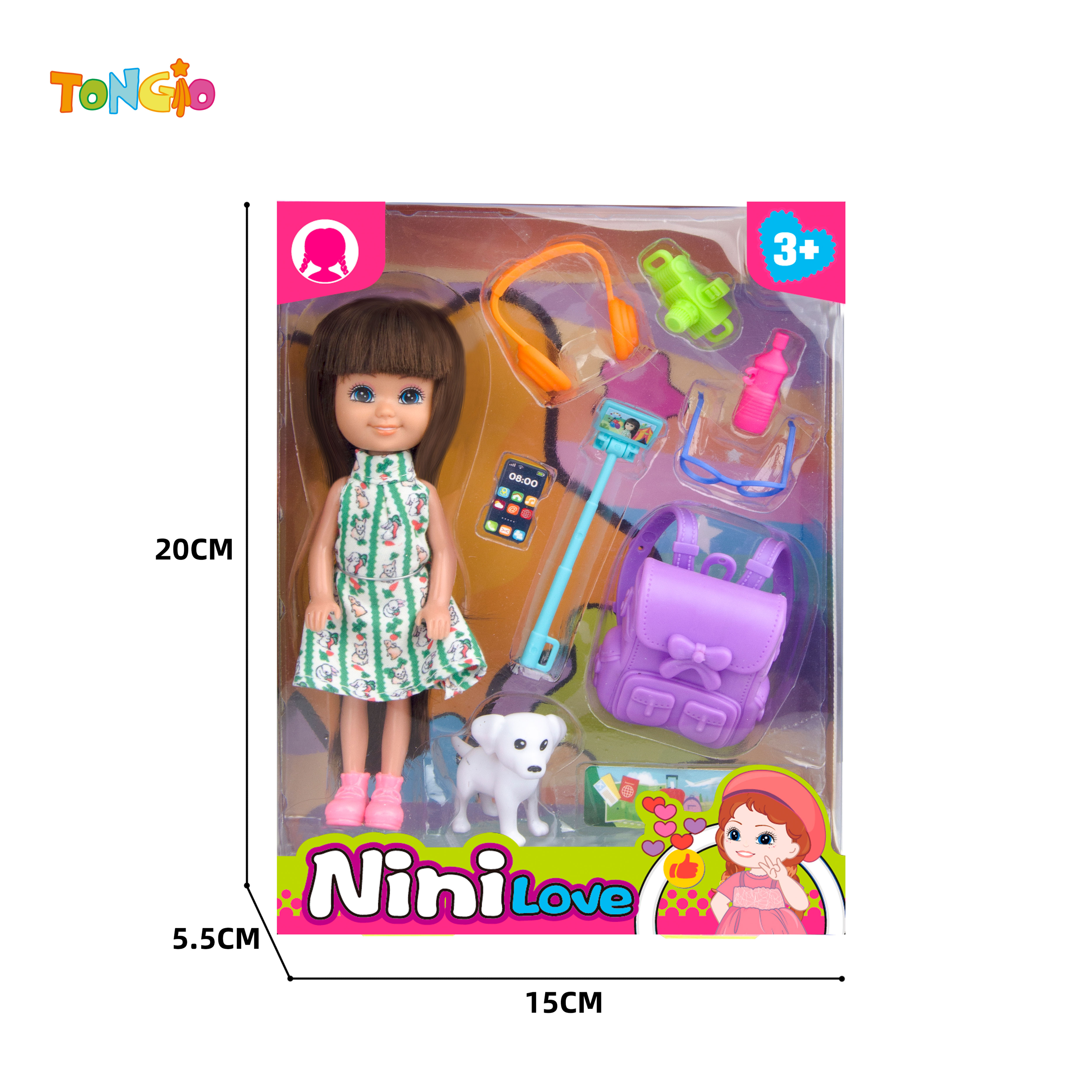 6 inch non-articulated doll with schoolbag puppy phone earphones glasses cup camera TT21975