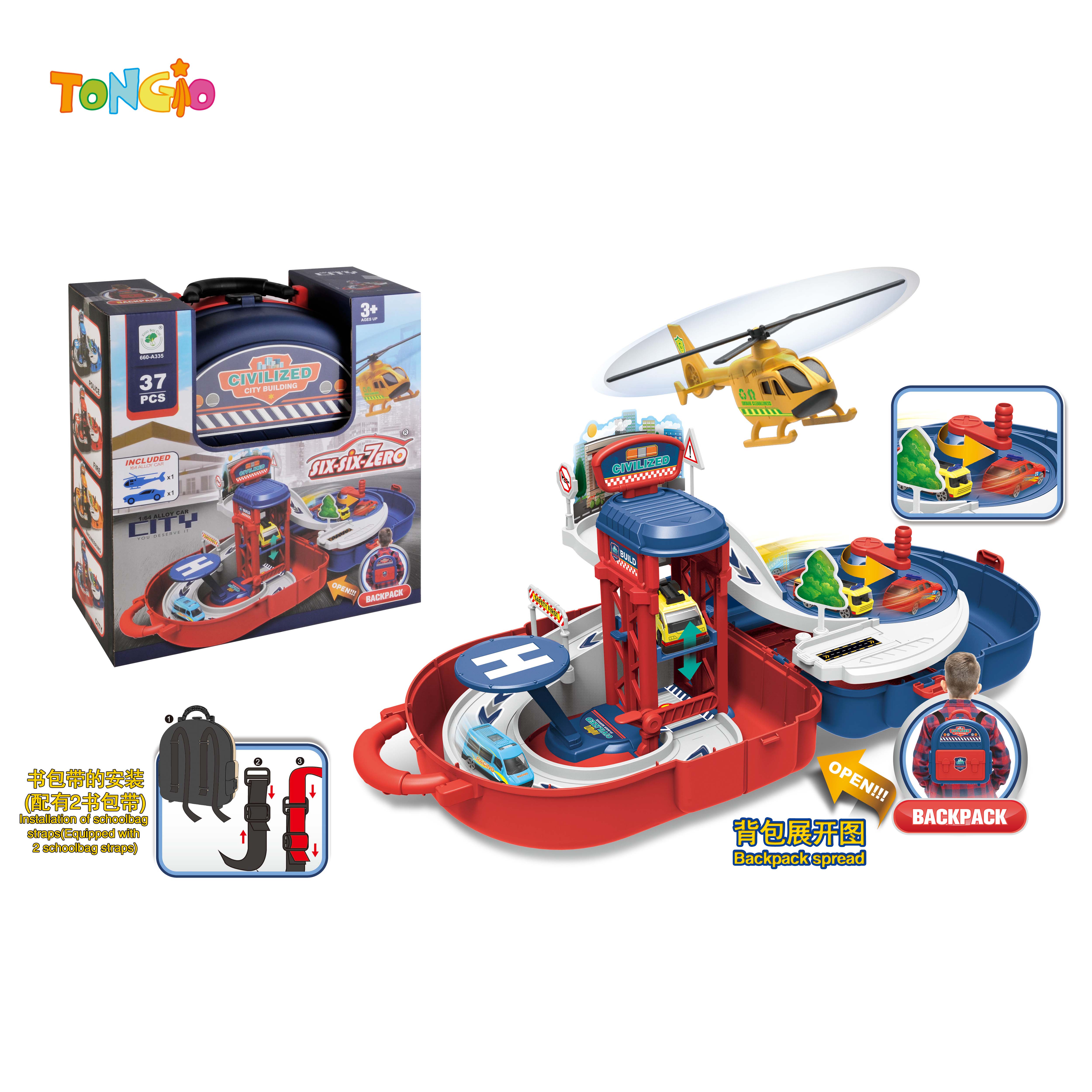 MULTIFUNCTIONAL DIECAST CITY BACKPACK HAND-CRANKED TURNTABLE LIFTING PARKING LOT SET (WITH 1 DIE CAST CAR, 1 DIECAST PLANE, 1 ROAD SIGN, 1 MANUAL) 37PCS TT22187