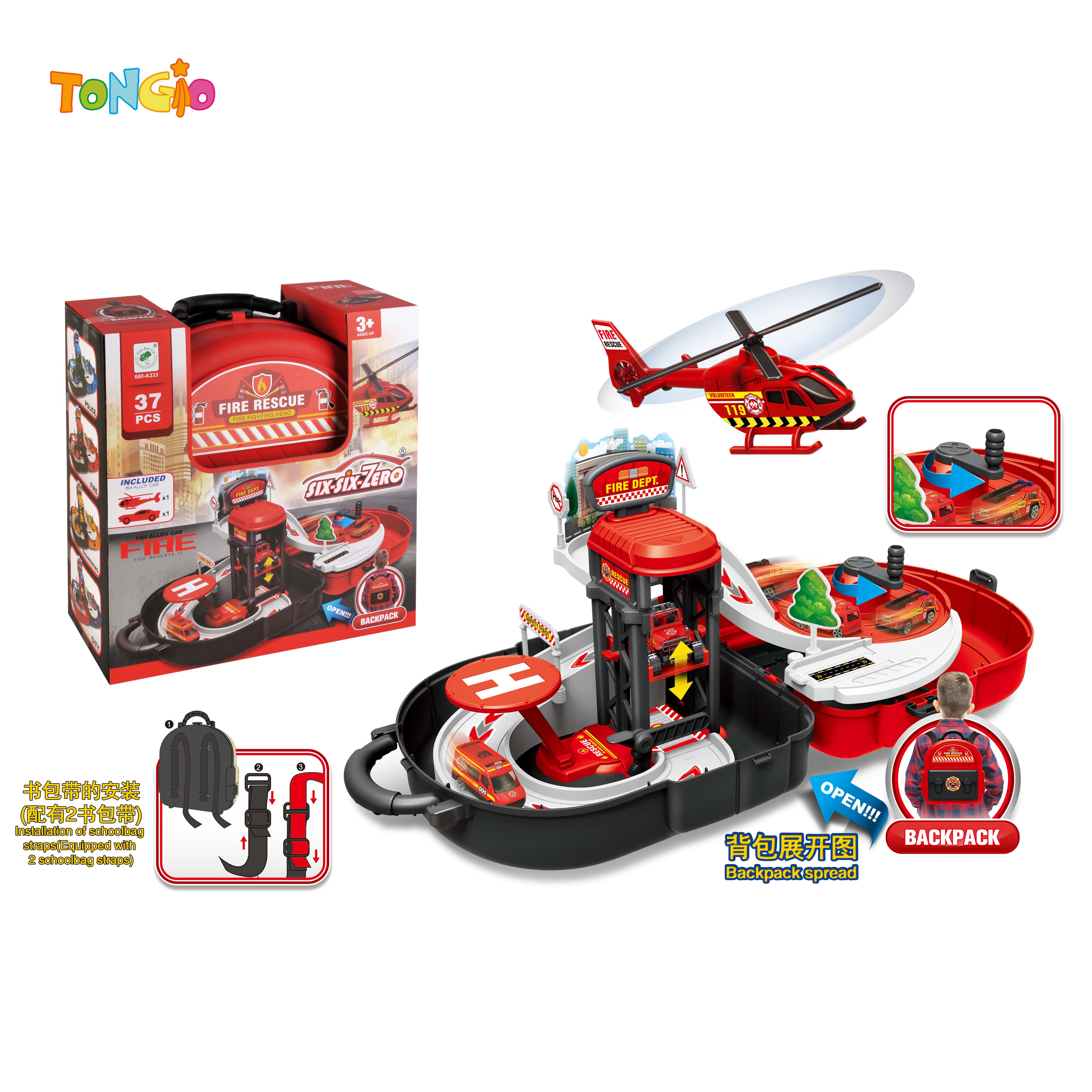 MULTIFUNCTIONAL DIECAST FIRE FIGHTING BACKPACK HAND TURNTABLE LIFTING PARKING LOT SET (WITH 1 DIE CAST CAR, 1 DIECAST AIRCRAFT, 1 ROAD SIGN, 1 MANUAL) 37PCS TT22188