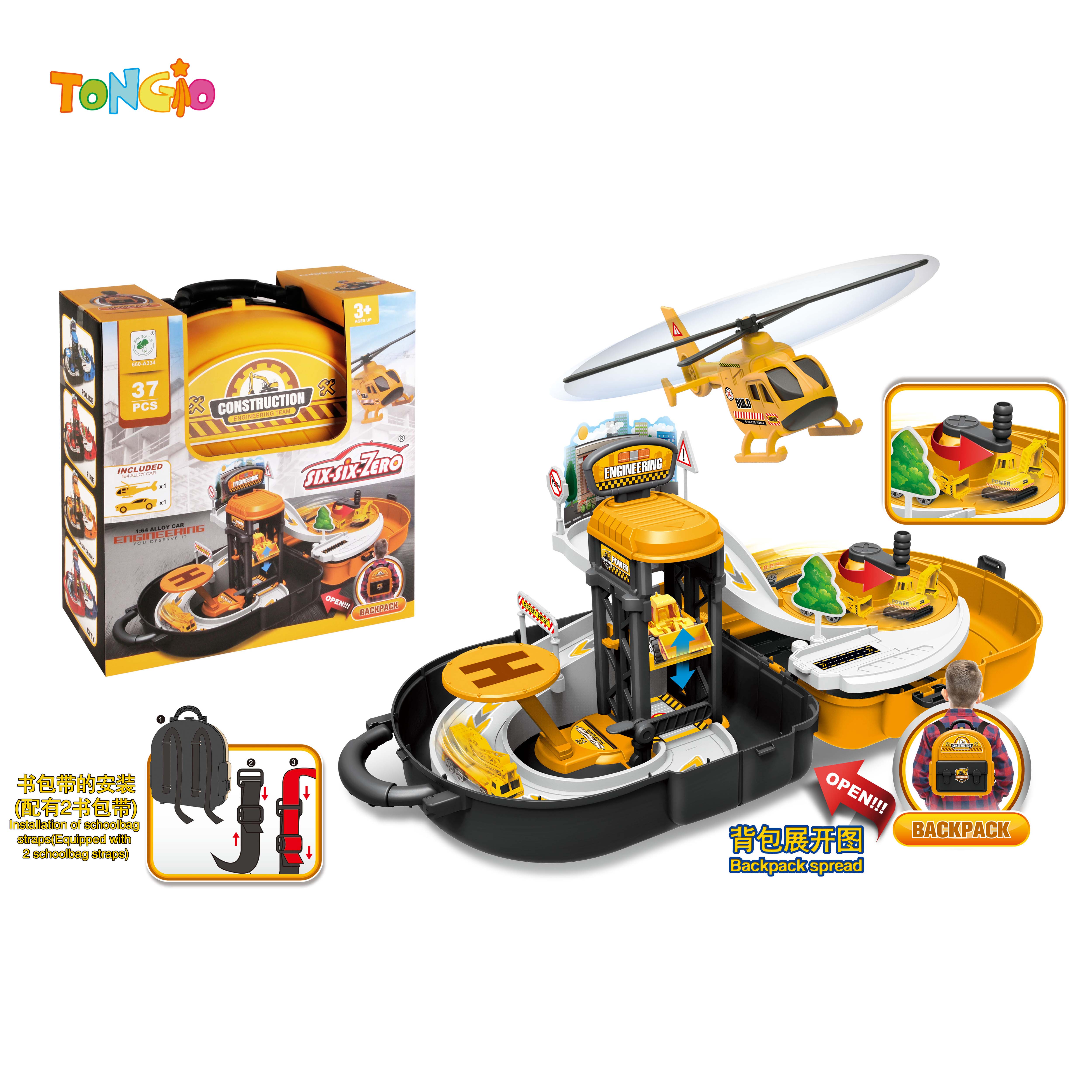 MULTIFUNCTIONAL DIECAST ENGINEERING BACKPACK HAND TURNTABLE LIFTING PARKING LOT SET (WITH 1 DIE CAST CAR, 1 DIECAST AIRCRAFT, 1 ROAD SIGN, 1 MANUAL) 37PCS TT22189
