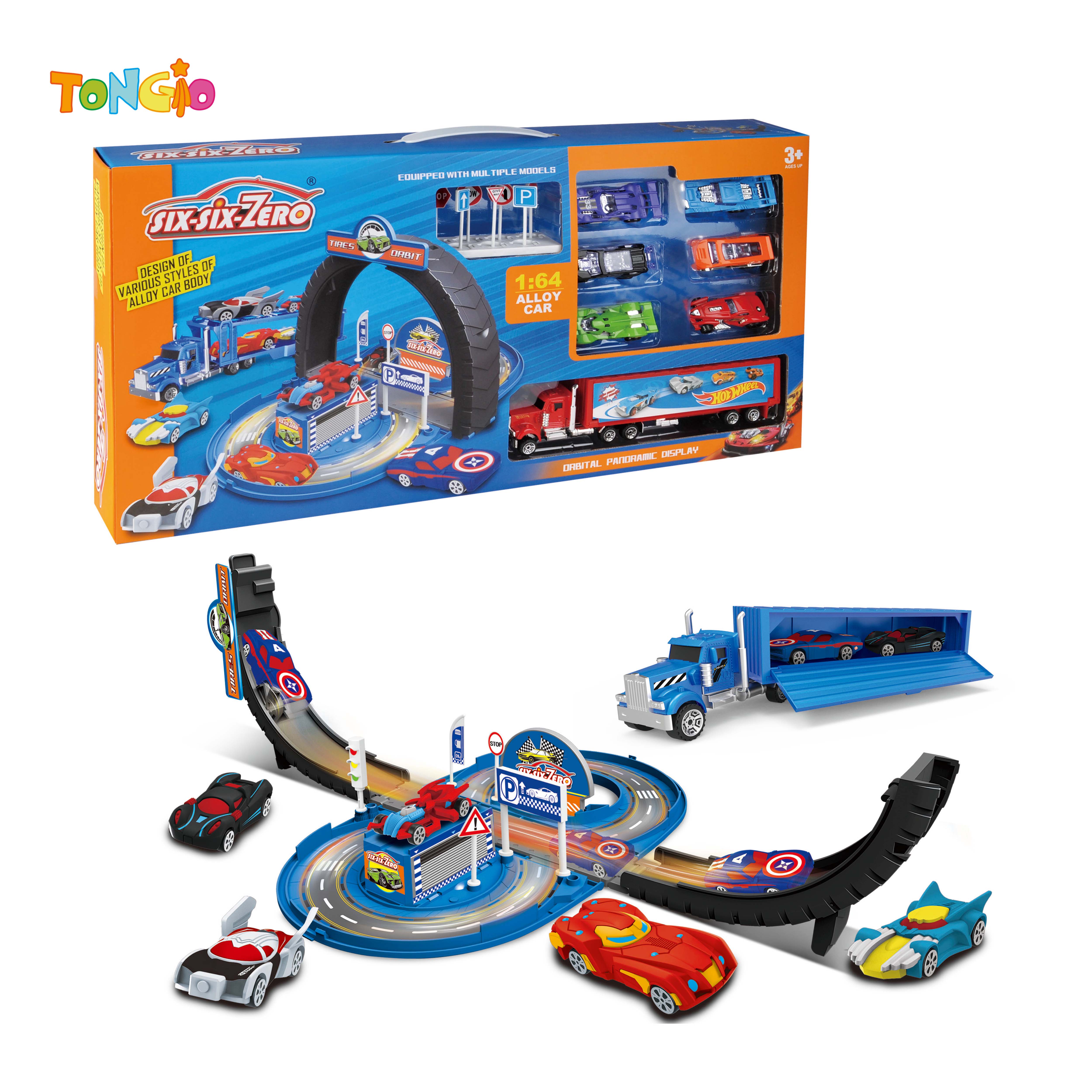 TRANSFORMING TIRES DIECAST SPORTS CAR PARKING LOT SET (WITH 6 CARS AND 1 TRAILER) TT22192