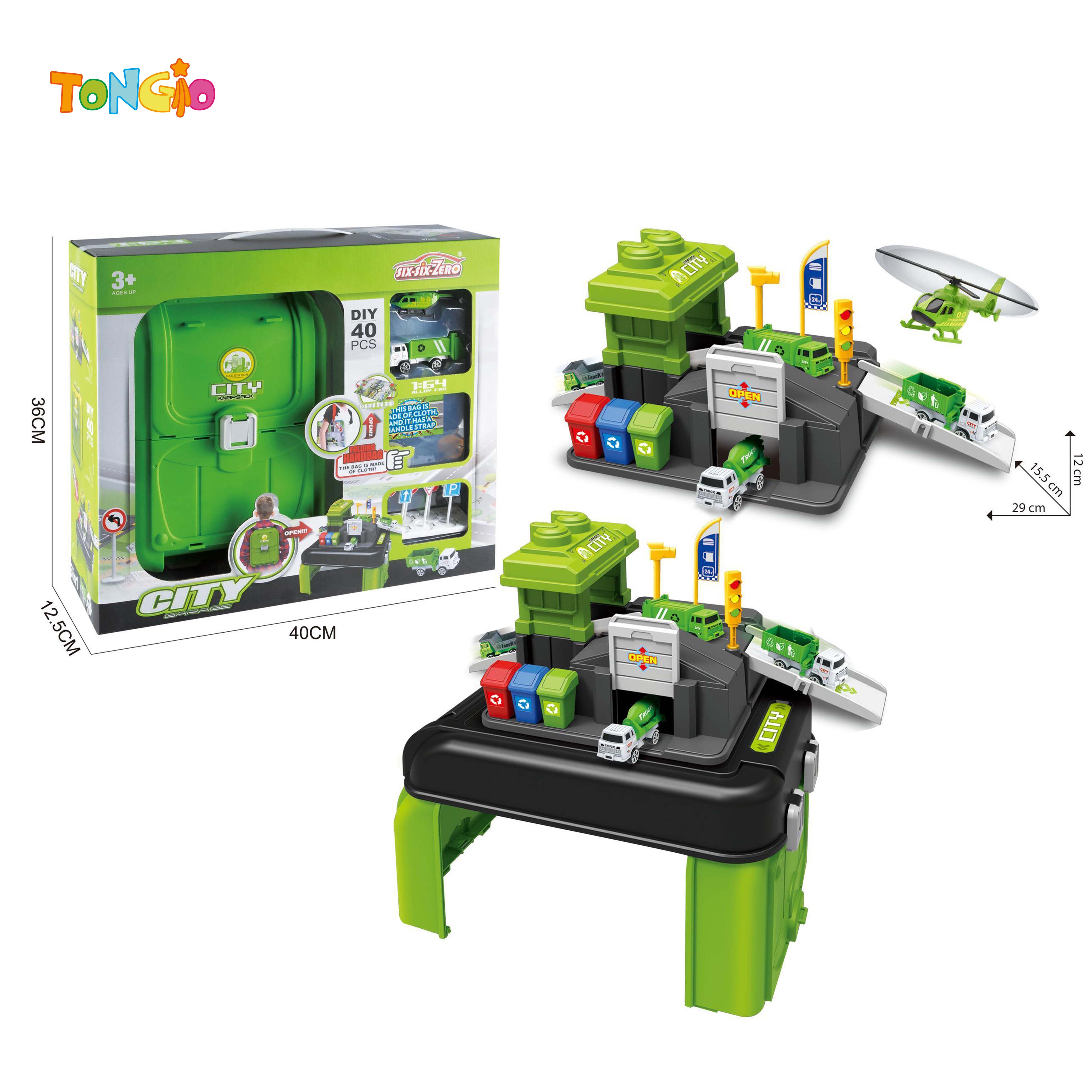 DIECAST CITY BACKPACK PORTABLE MAP PARKING LOT SET (WITH DIECAST PLANE 1, DIECAST CAR 1, 1 ROAD SIGN, 1 HANDBAG) 40PCS PUZZLE PLAYHOUSE SET BABY SCENE STORAGE BRICKS TT22199