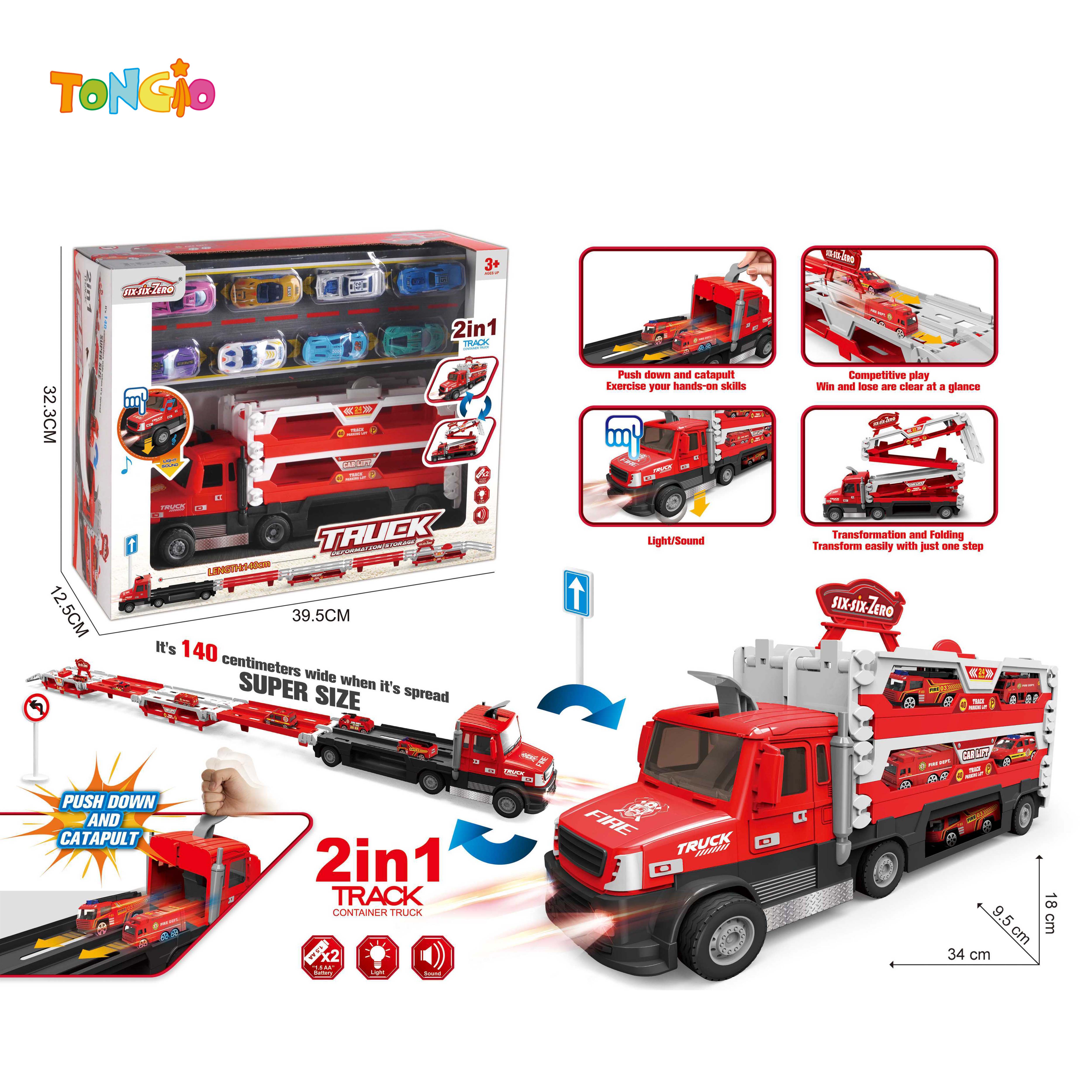 FOLDING TRANSFORMING LIGHT MUSIC FIRE SLIDE TRACK EJECTION STORAGE TRUCK (WITH 8 DIECAST CARS)(2 1.5VAA BATTERIES-BATTERY EXCLUDED) TT22206