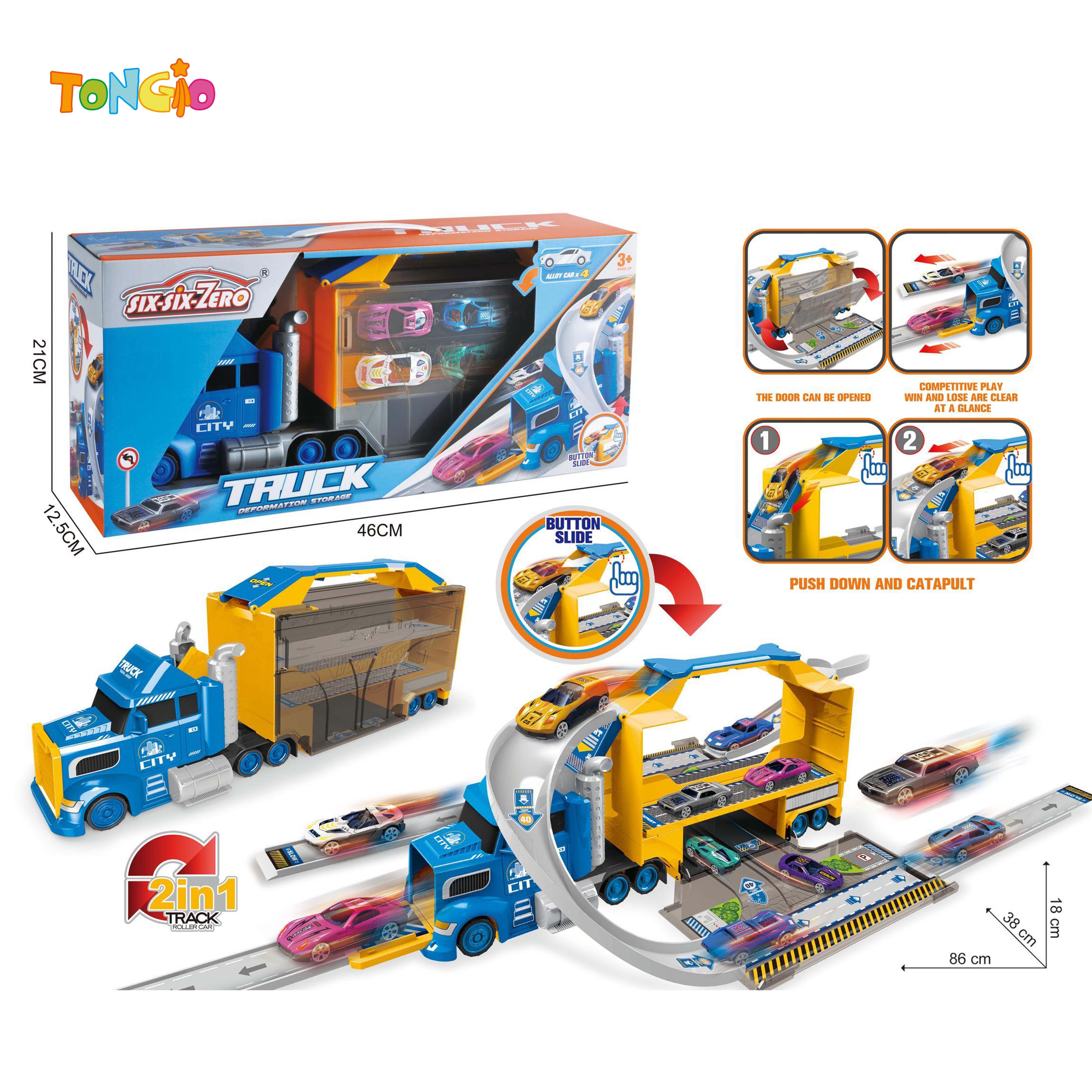 PORTABLE DOUBLE-DOOR CITY LARGE CONTAINER STORAGE EJECTION ALLOY CAR SET (EQUIPPED WITH 4 DIECAST CARS AND 7 ROAD SIGNS) TT22207