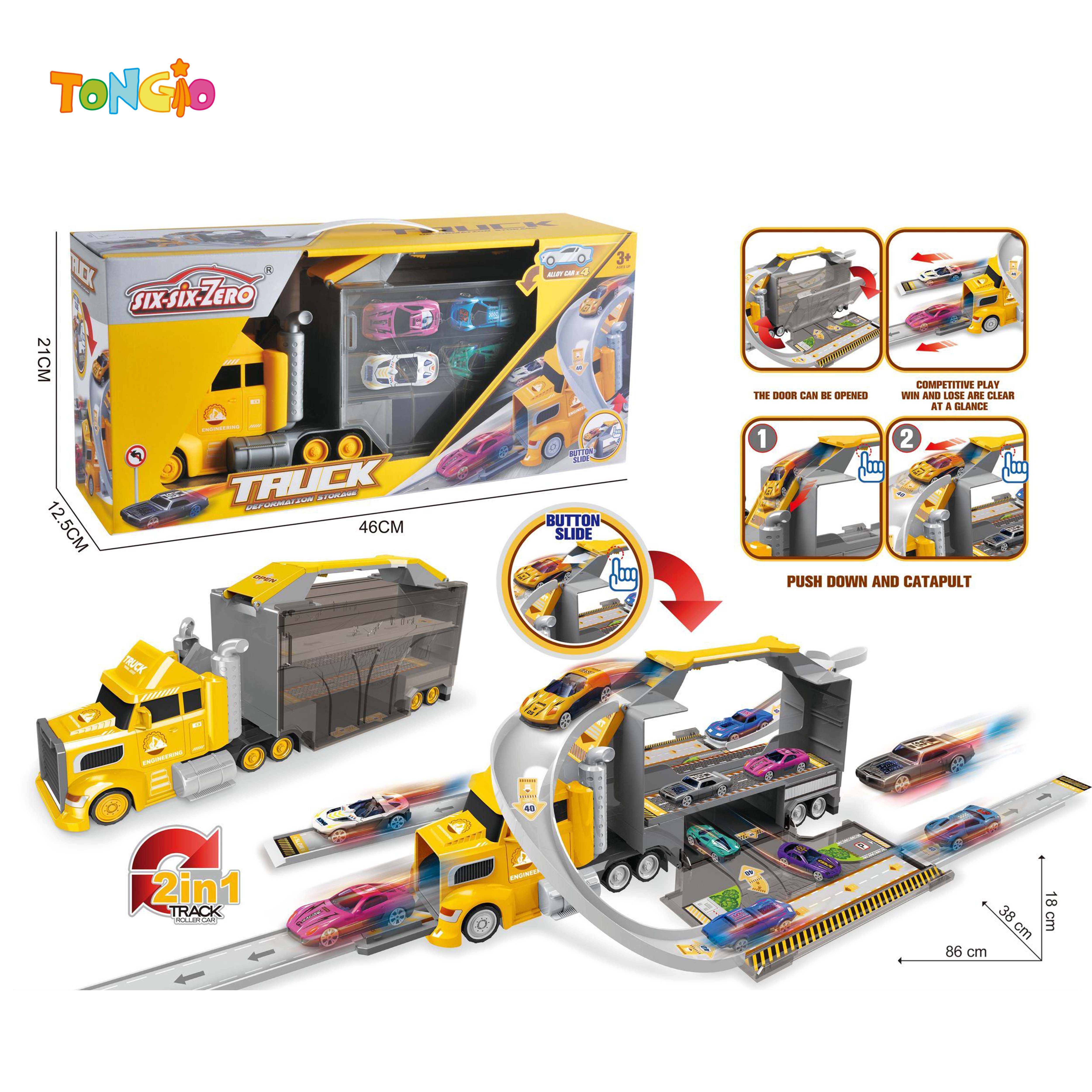 PORTABLE DOUBLE-DOOR ENGINEERING LARGE CONTAINER STORAGE EJECTION ALLOY CAR SET (EQUIPPED WITH 4 DIECAST CARS AND 7 ROAD SIGNS) TT22208