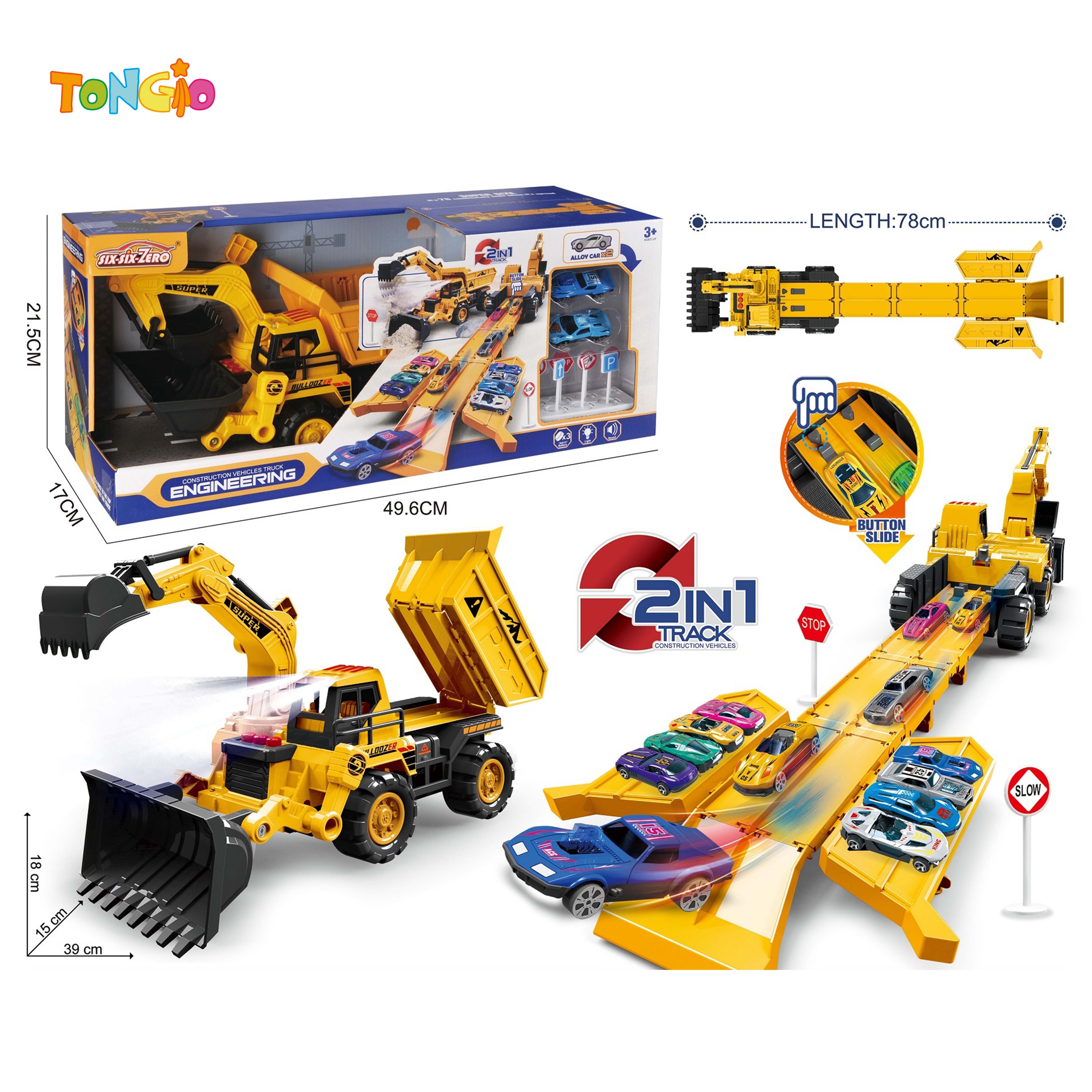 LIGHT MUSIC DIECAST TRANSFORMING STORAGE EJECTION CHILDREN TRUCK (EQUIPPED WITH DIECAST CAR 2 PCS, ROAD SIGN 7)(3 AG13 INCLUDING BATTERIES-INCLUDED) TT22212